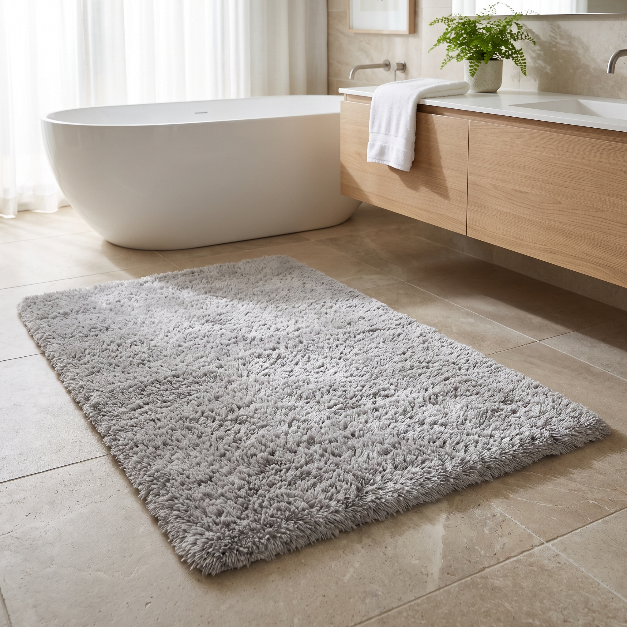Soffice Lusso plush shag bath rug in Light Gray in a bright bathroom