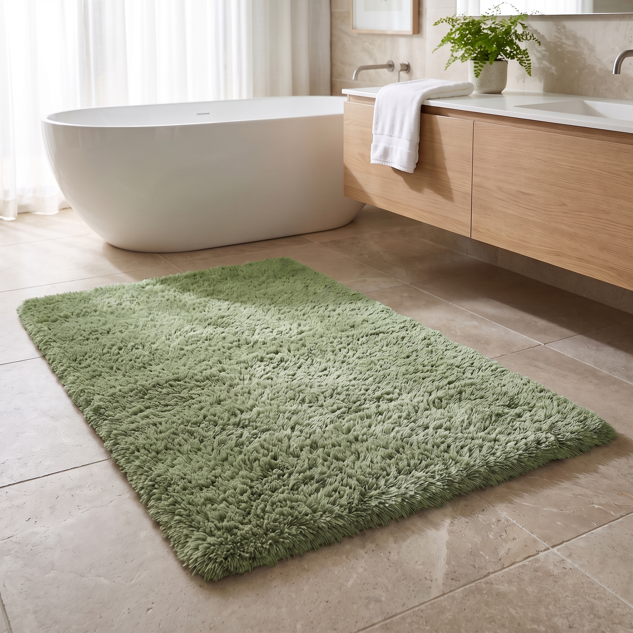 Soffice Lusso plush shag bath rug in Grass Green in a bright bathroom