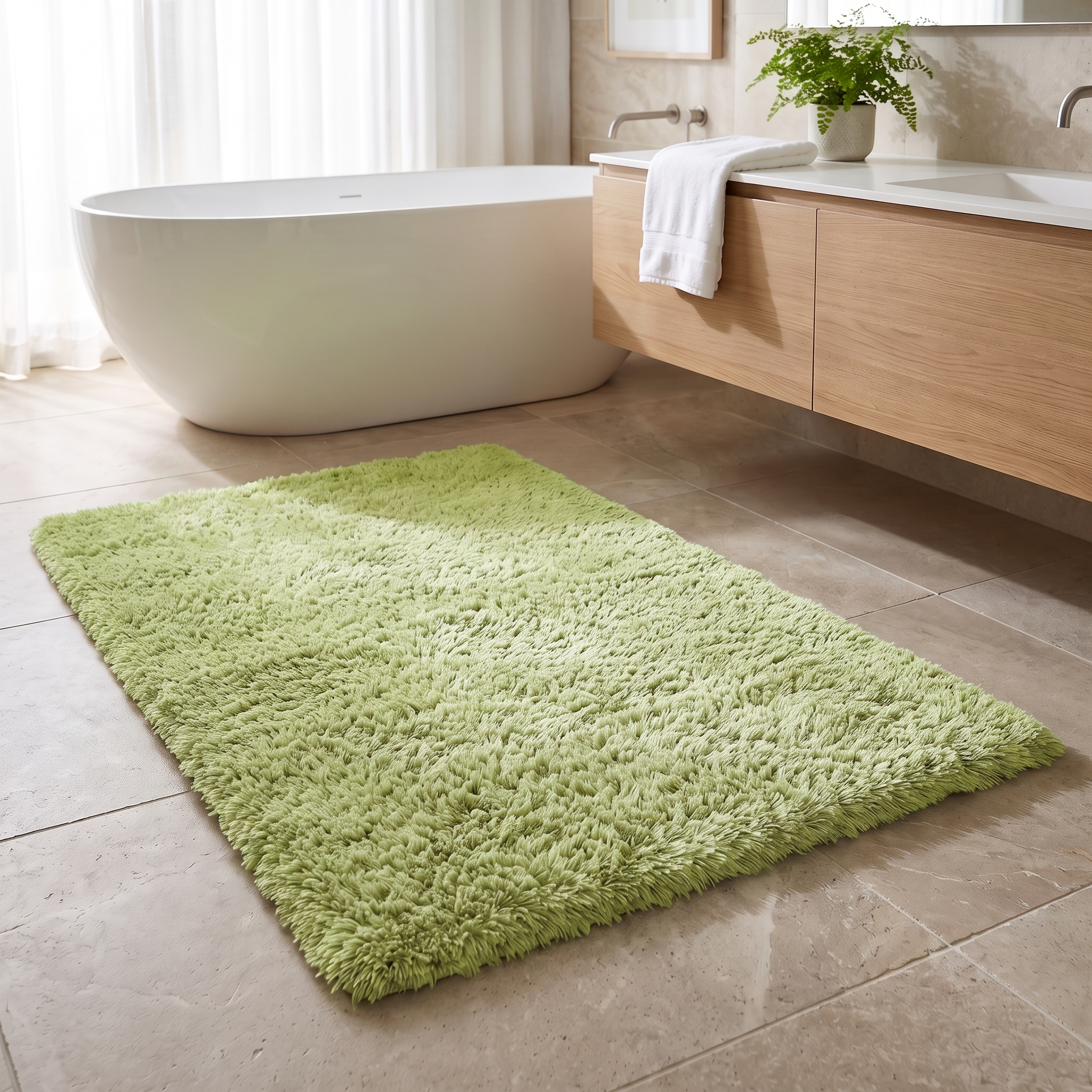Soffice Lusso plush shag bath rug in Fruit Green in a bright bathroom