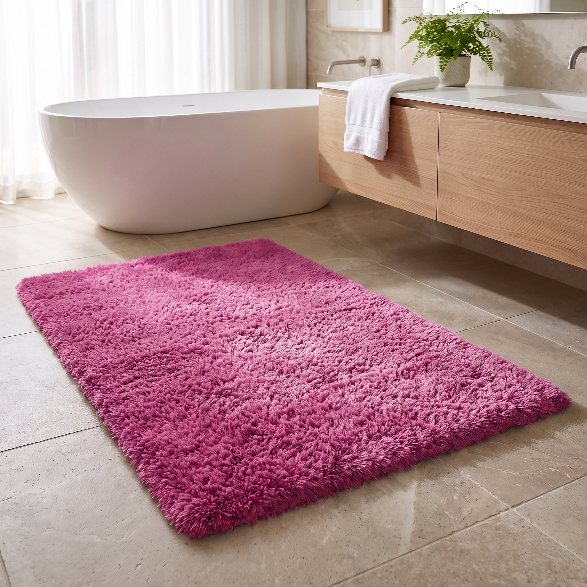 Soffice Lusso plush shag bath rug in Fuchsia in a bright bathroom