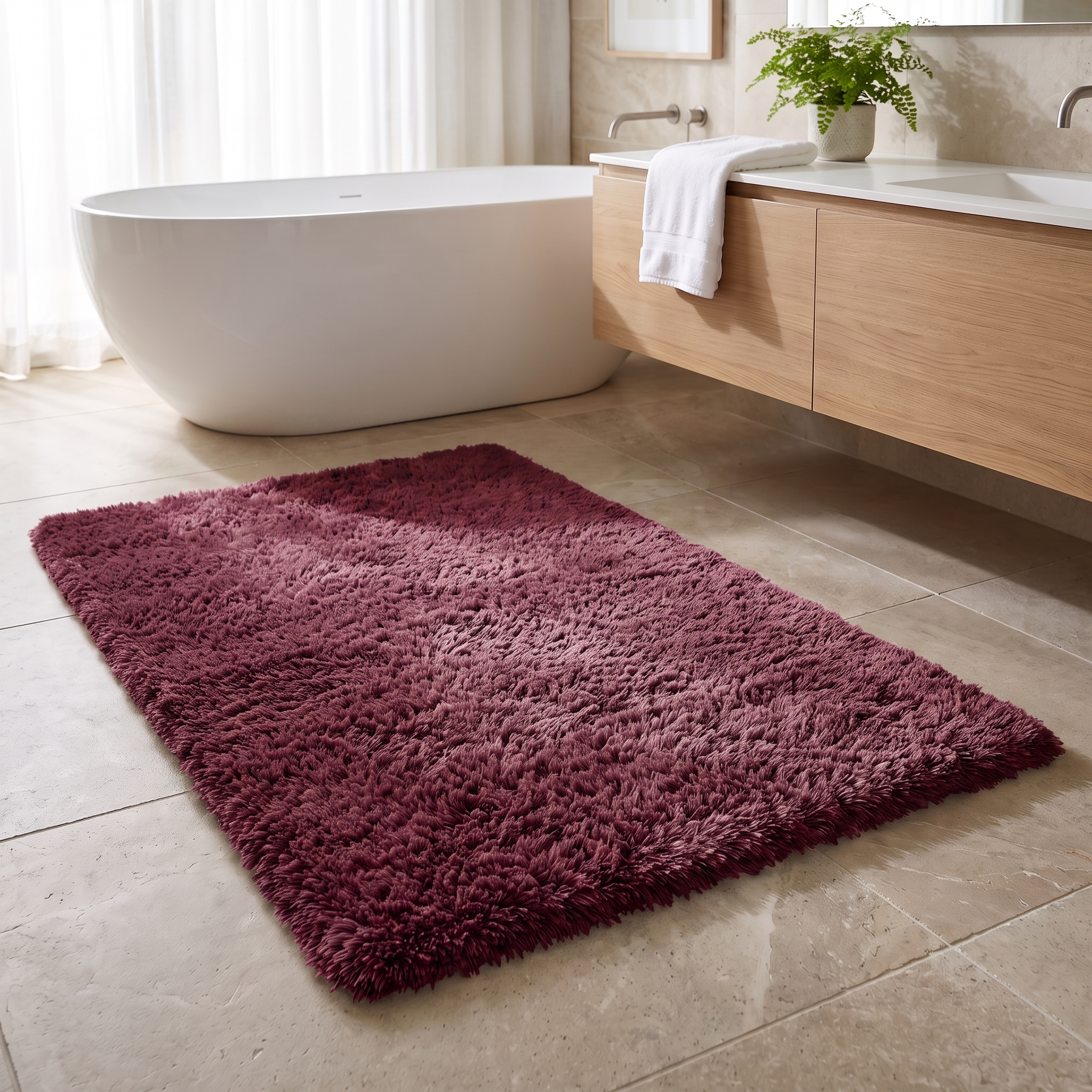 Soffice Lusso plush shag bath rug in Burgundy in a bright bathroom