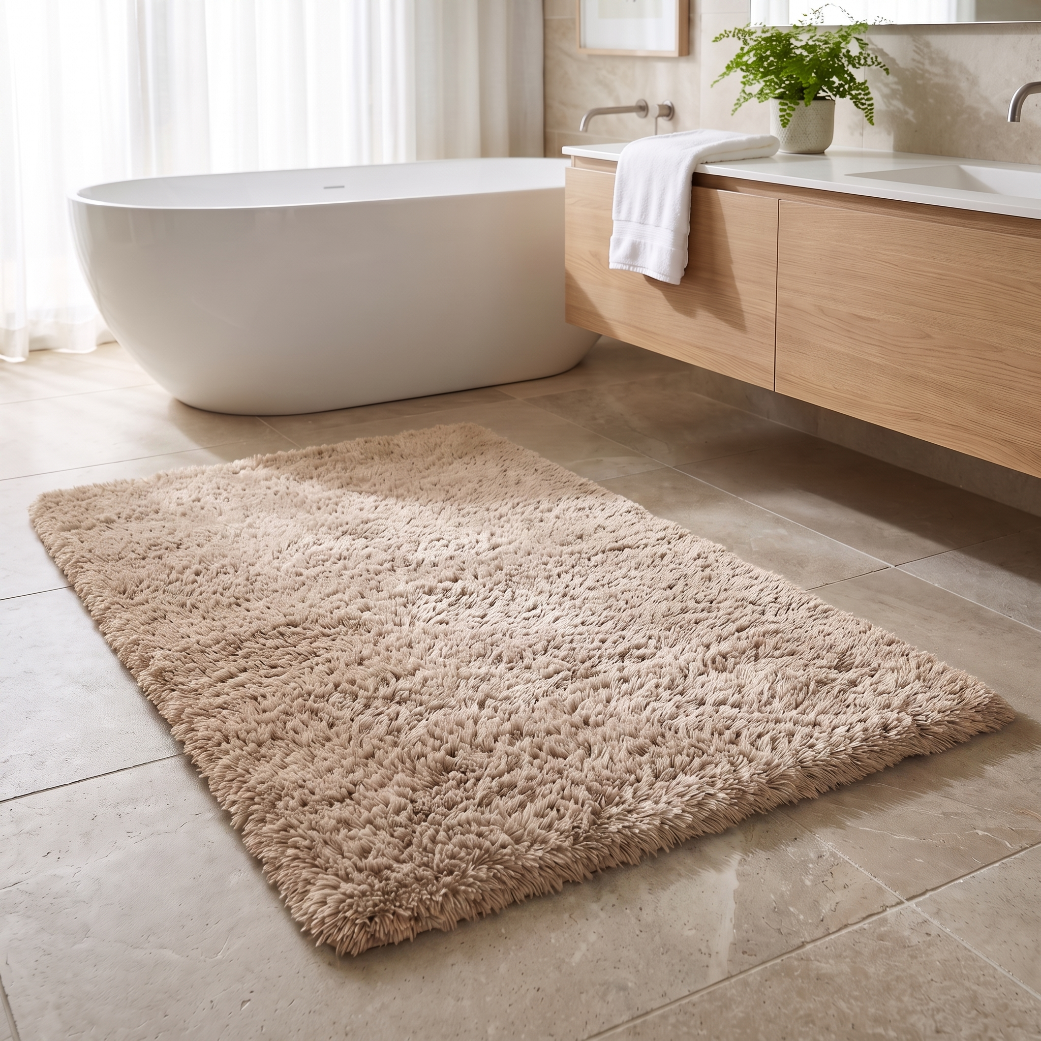 Soffice Lusso plush shag bath rug in Light Camel in a bright bathroom