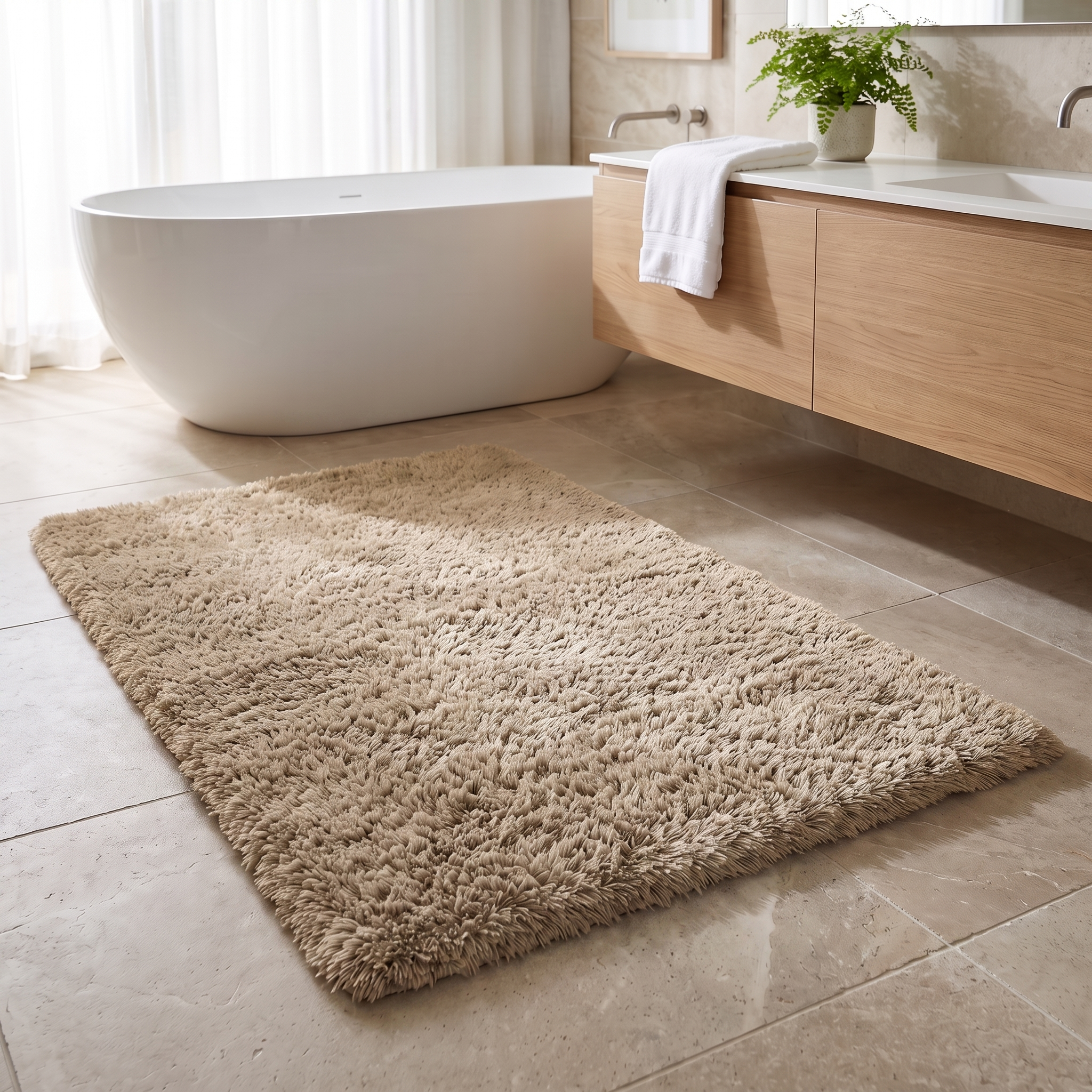 Soffice Lusso plush shag bath rug in Khaki in a bright bathroom