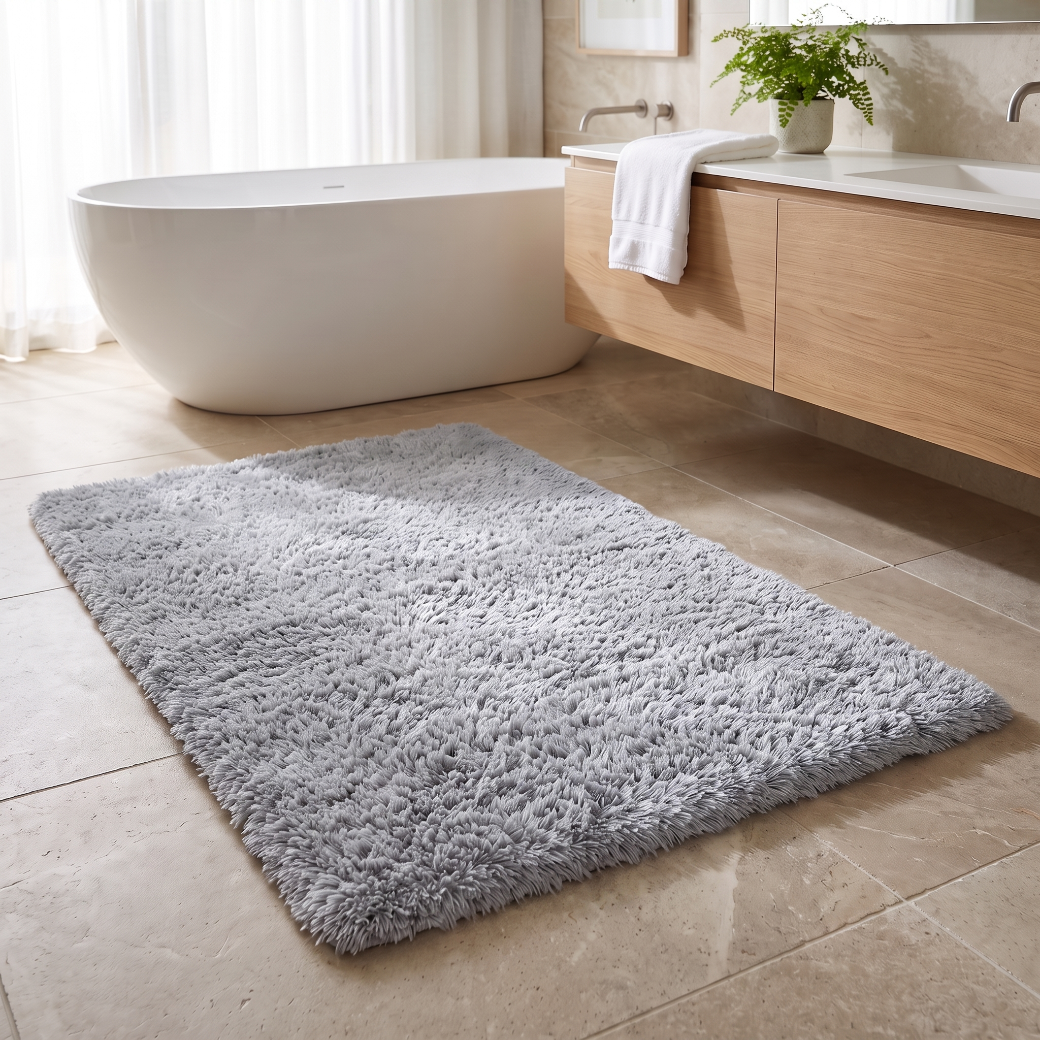 Soffice Lusso plush shag bath rug in Silver Gray in a bright bathroom