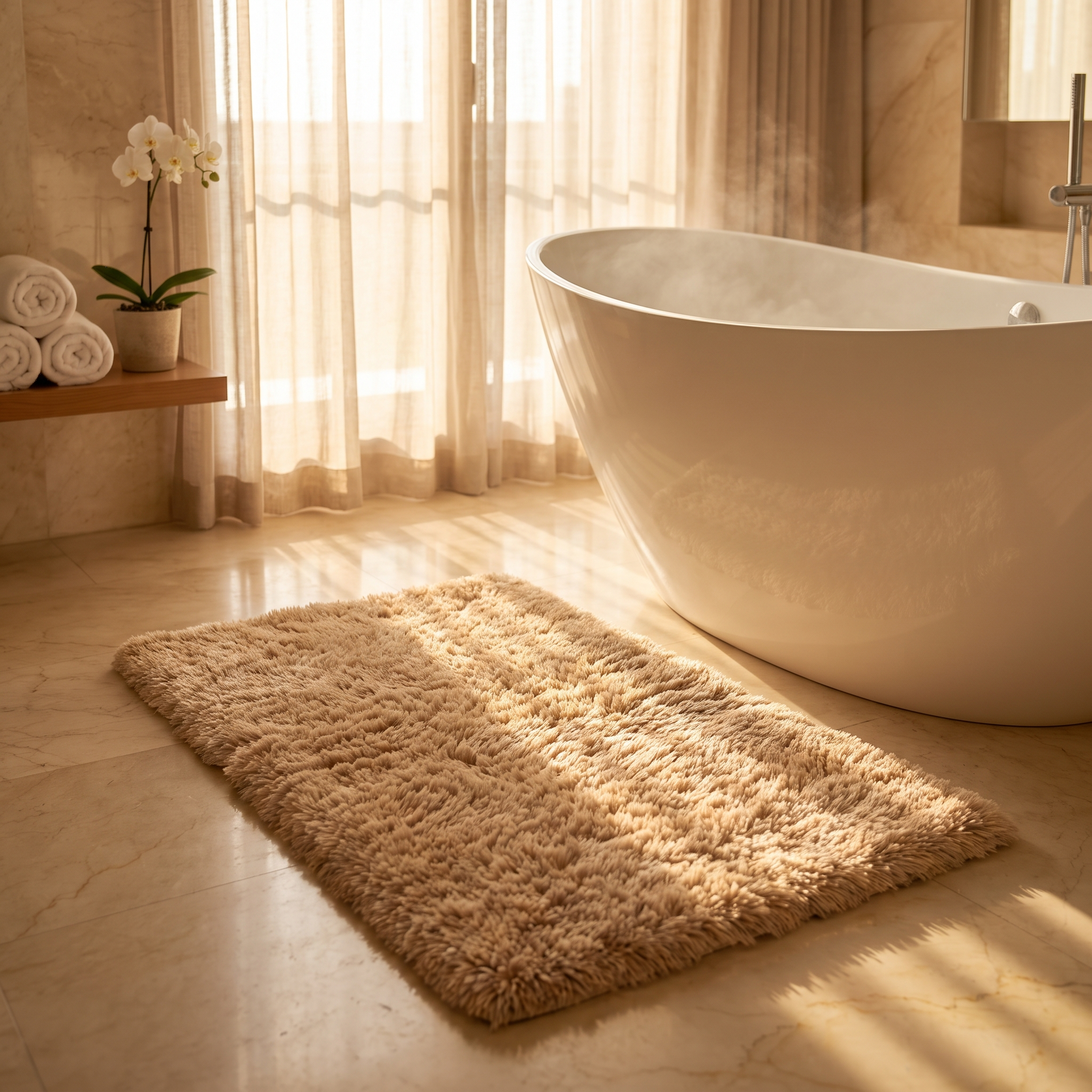 Soffice Lusso Light Camel bath rug golden hour cream marble bathroom