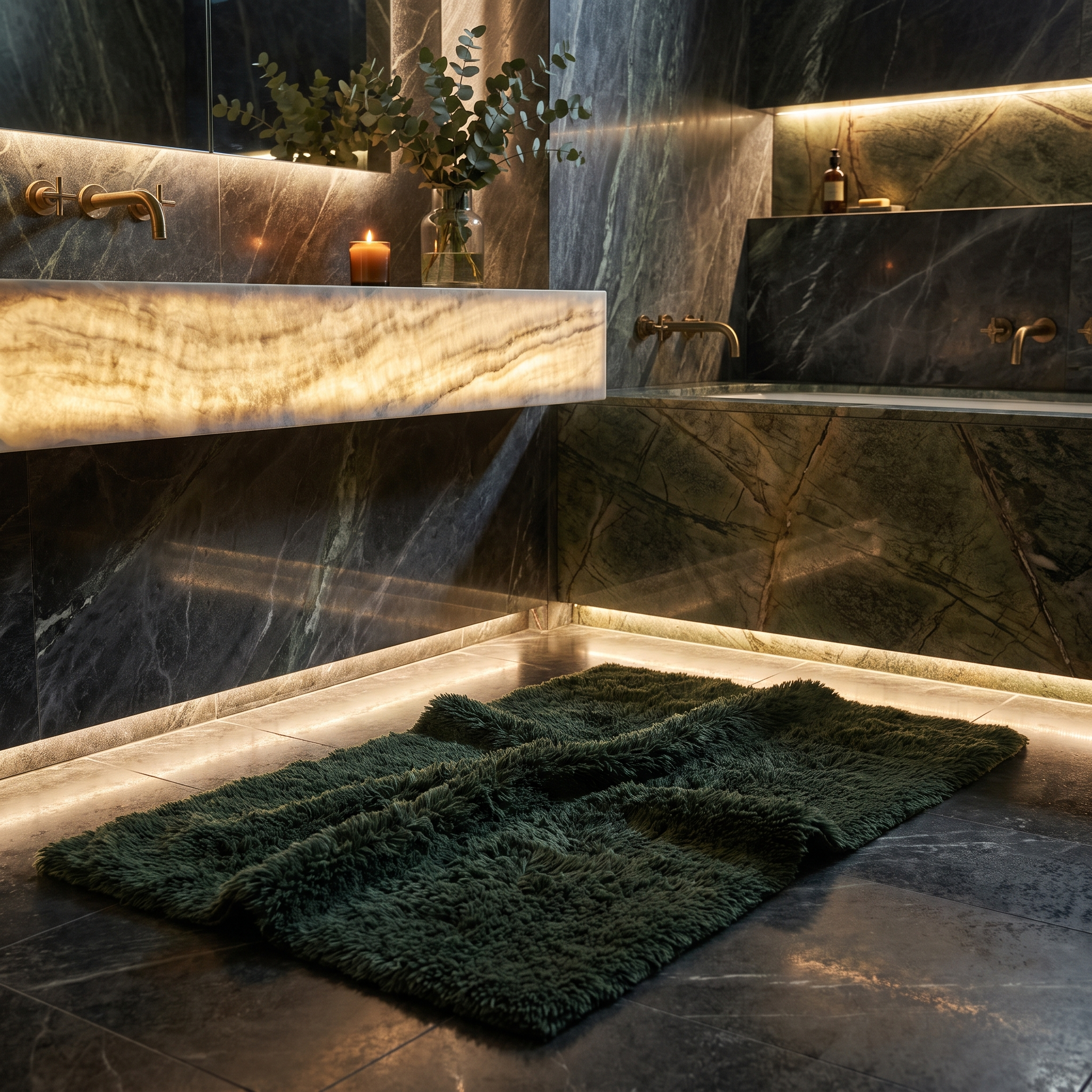 Soffice Lusso Dark Green bath rug moody dark marble bathroom