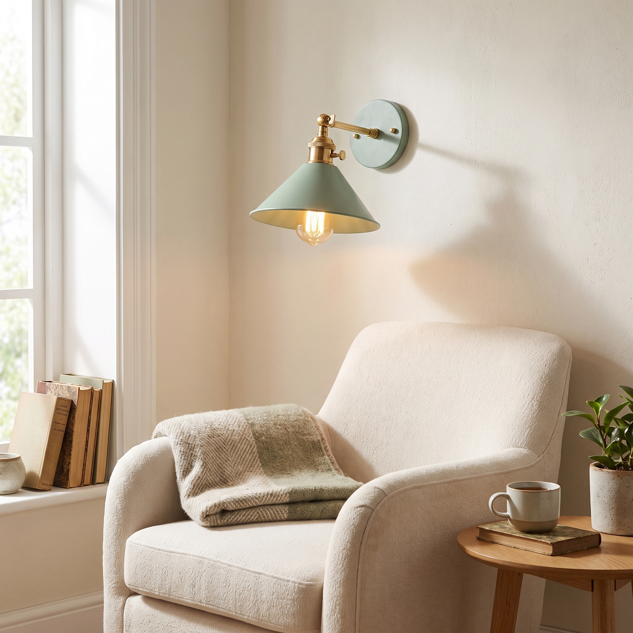 Dolce Aria sage green cone wall sconce in reading nook