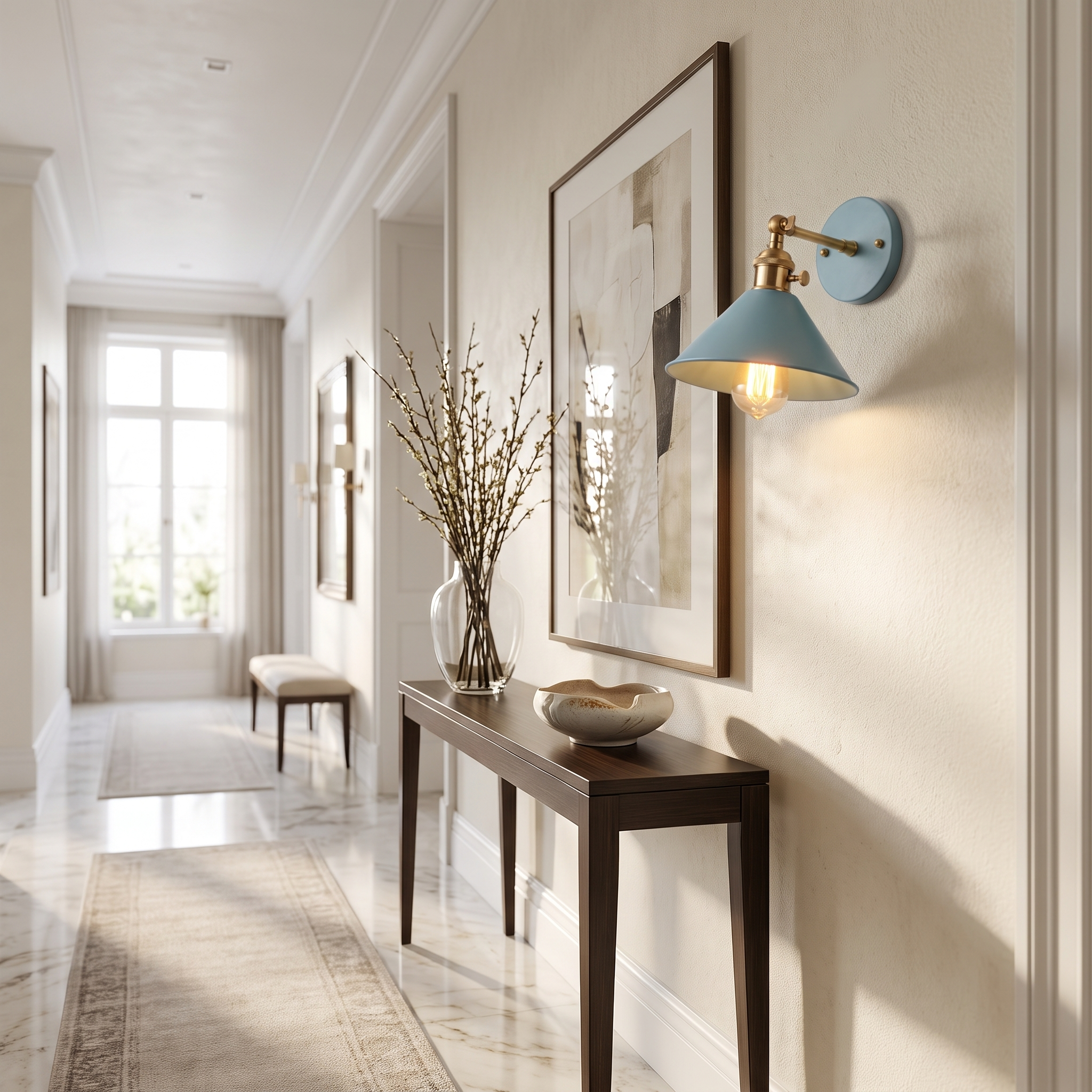 Dolce Aria dusty teal cone wall sconce in hallway