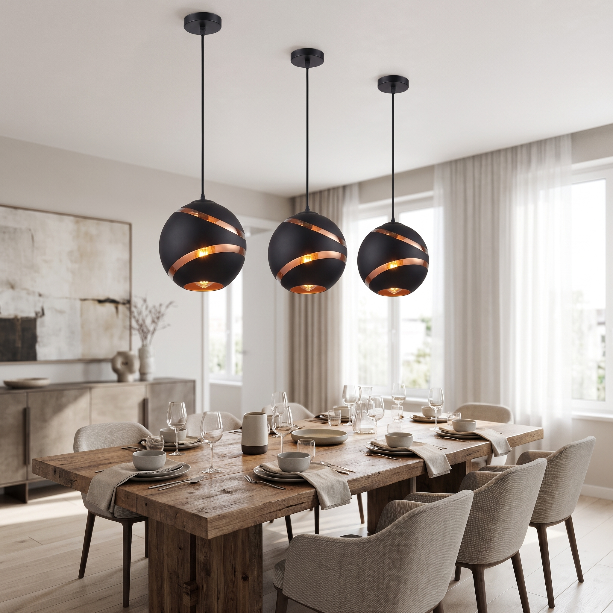 Eclisse Dorata black glass globe pendant cluster over dining table