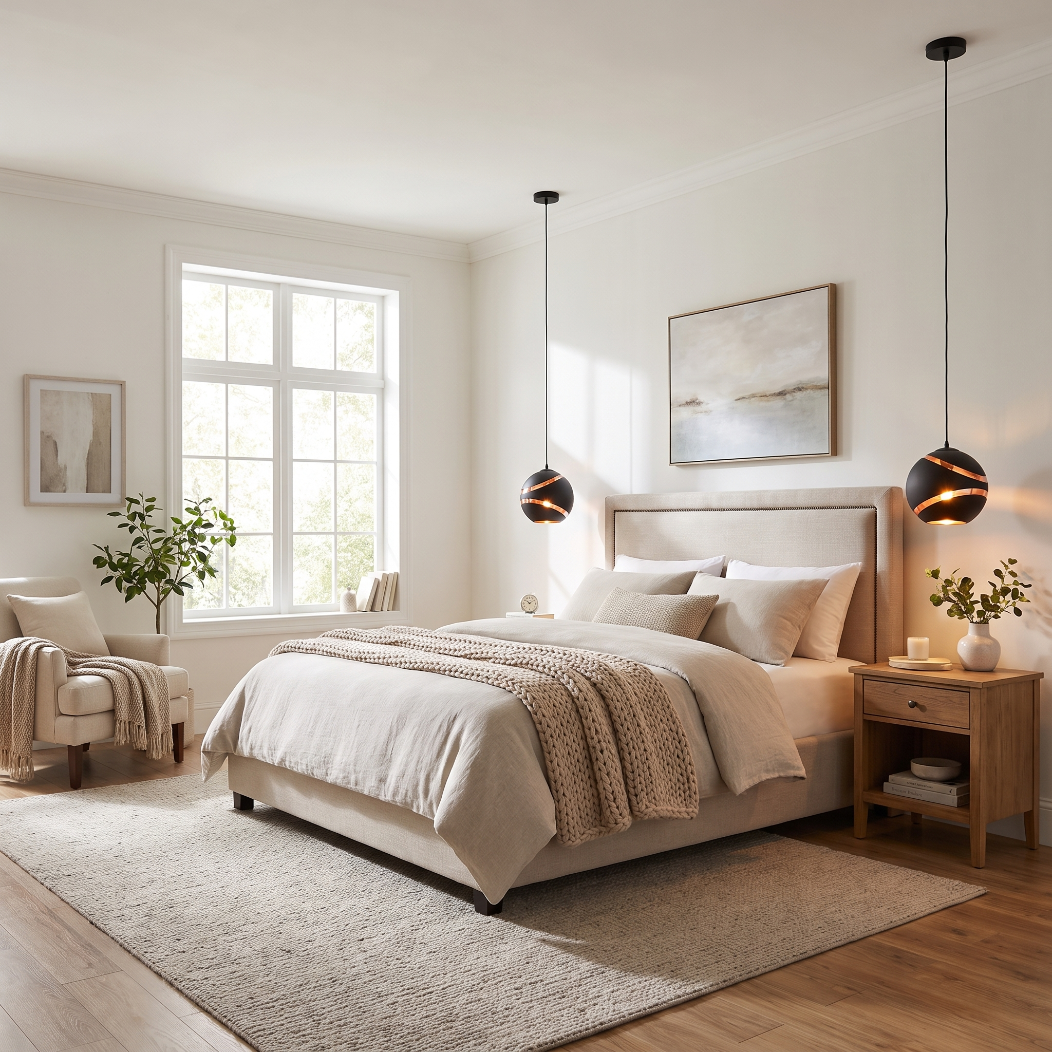 Eclisse Dorata black glass globe pendant beside bed