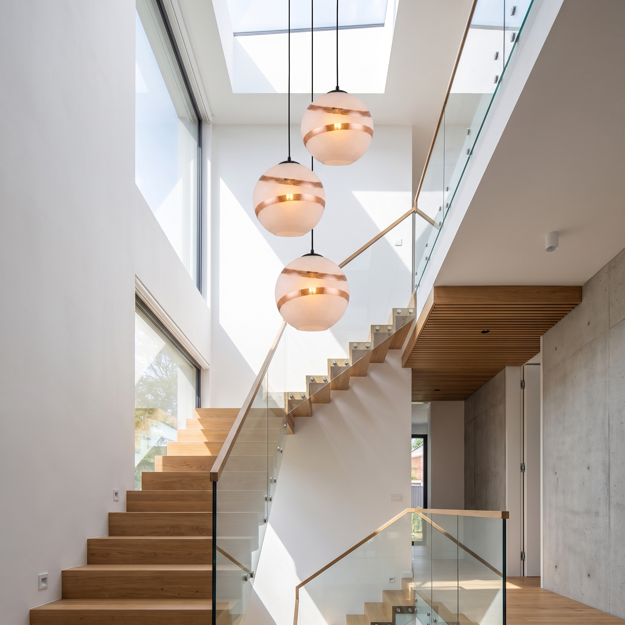 Eclisse Dorata white frosted glass globe pendants in stairwell