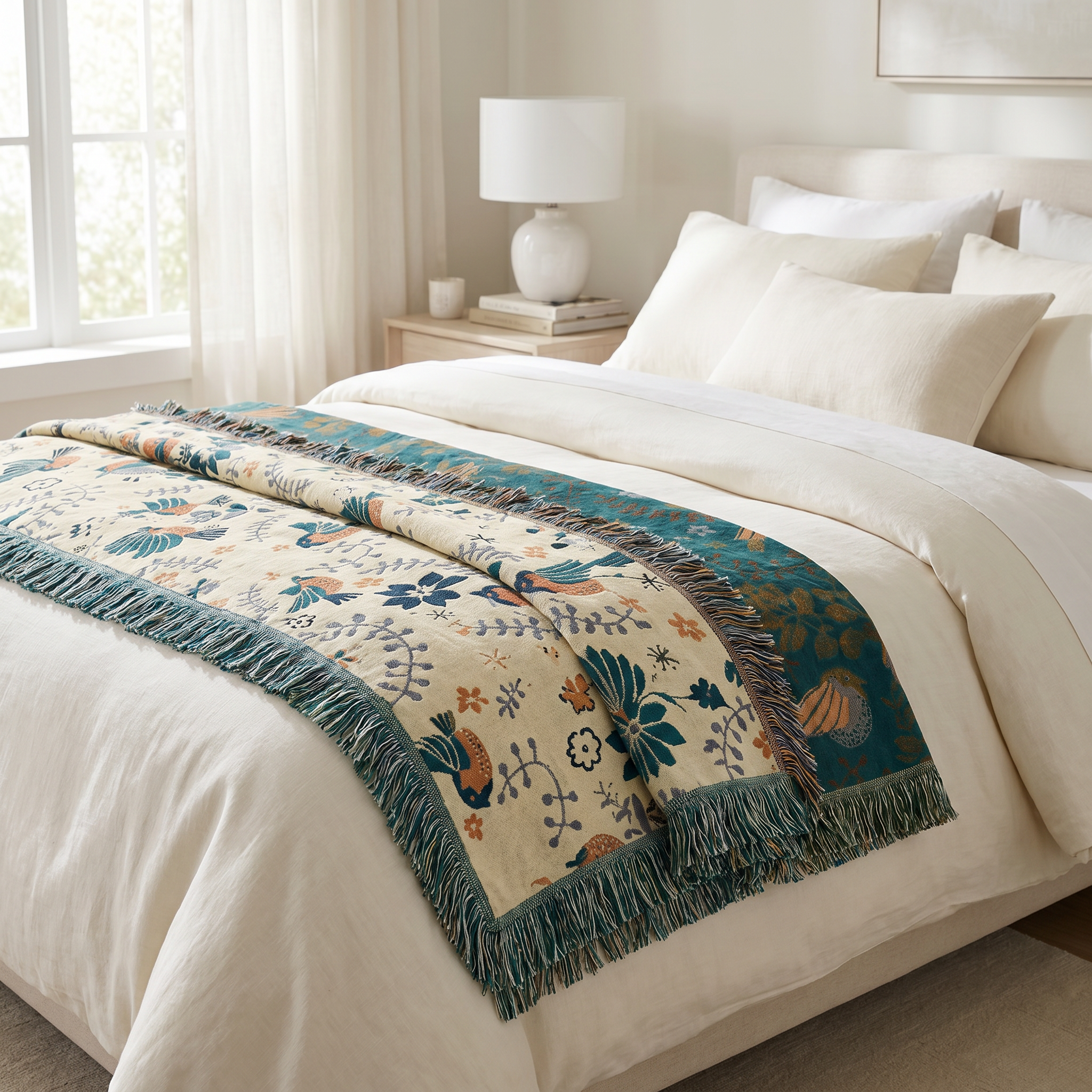 Giardino Incantato woven throw folded on a bed showing the cream reverse side