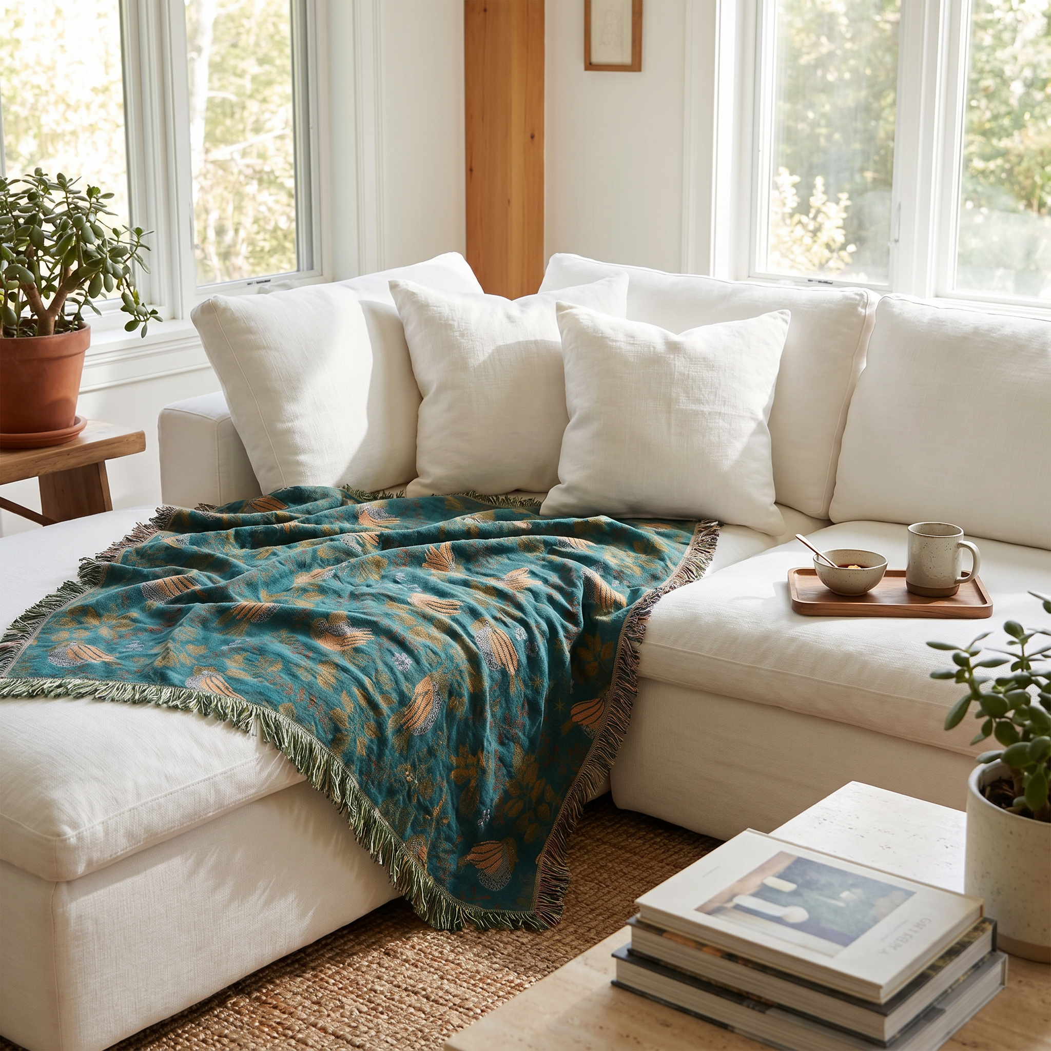Giardino Incantato woven throw layered on a living room sofa