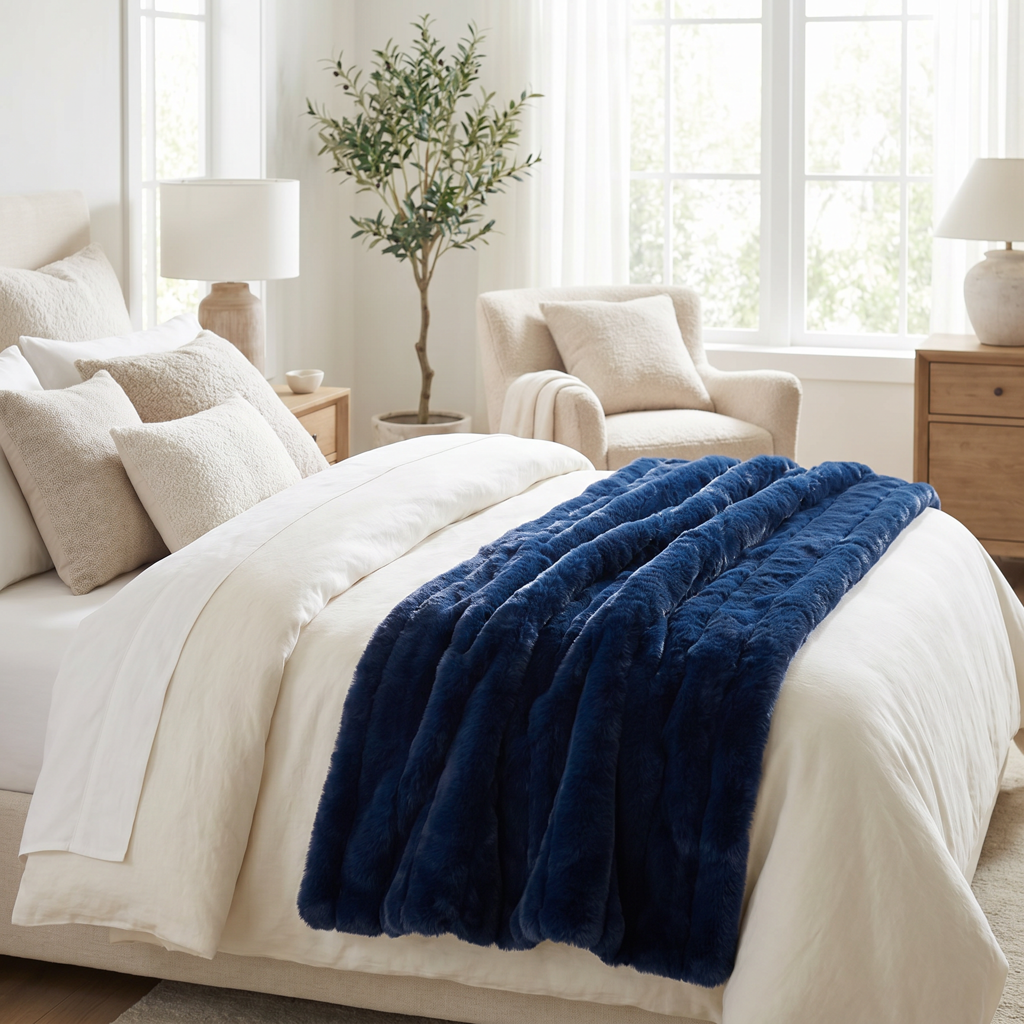 Nuvola Morbida navy faux fur throw across a bed