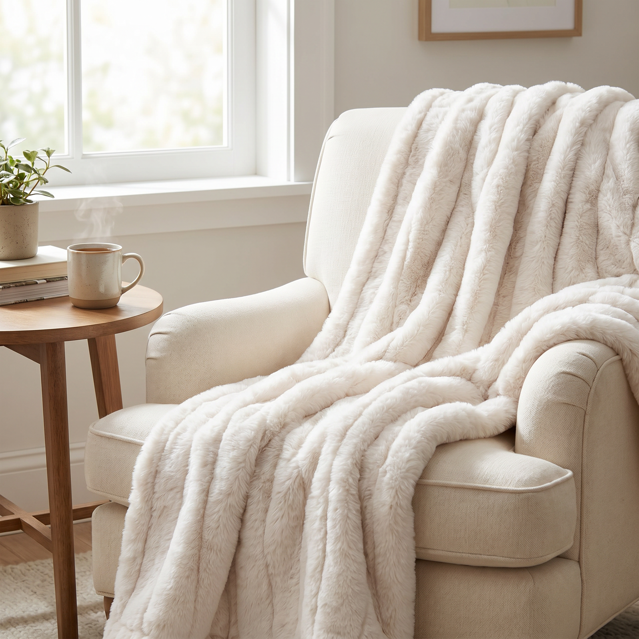 Nuvola Morbida white faux fur throw over an armchair