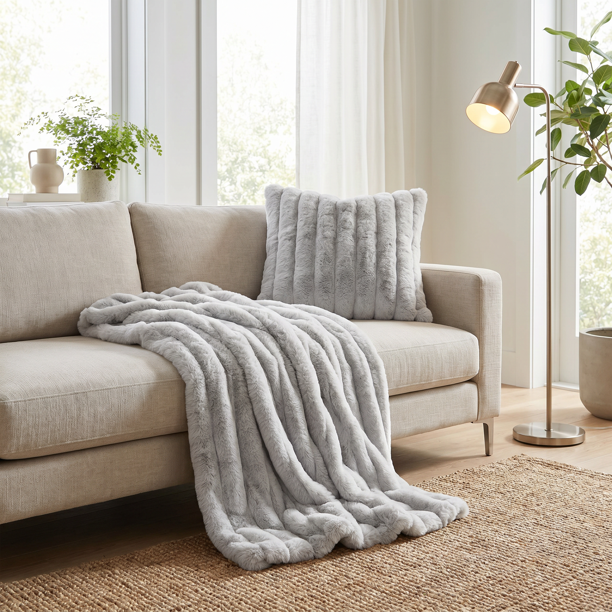 Nuvola Morbida light gray faux fur throw on a sofa