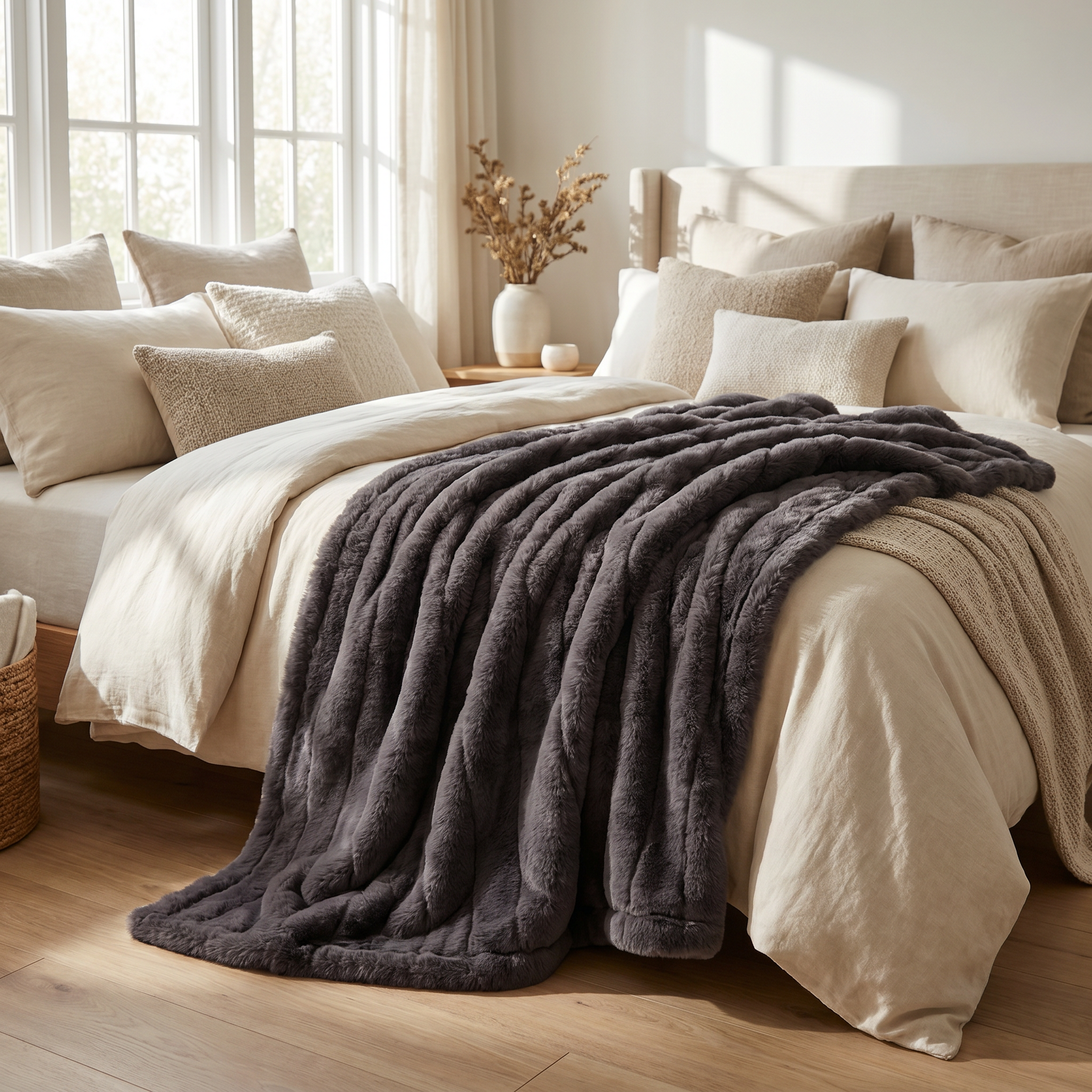 Nuvola Morbida dark gray faux fur throw across a bed