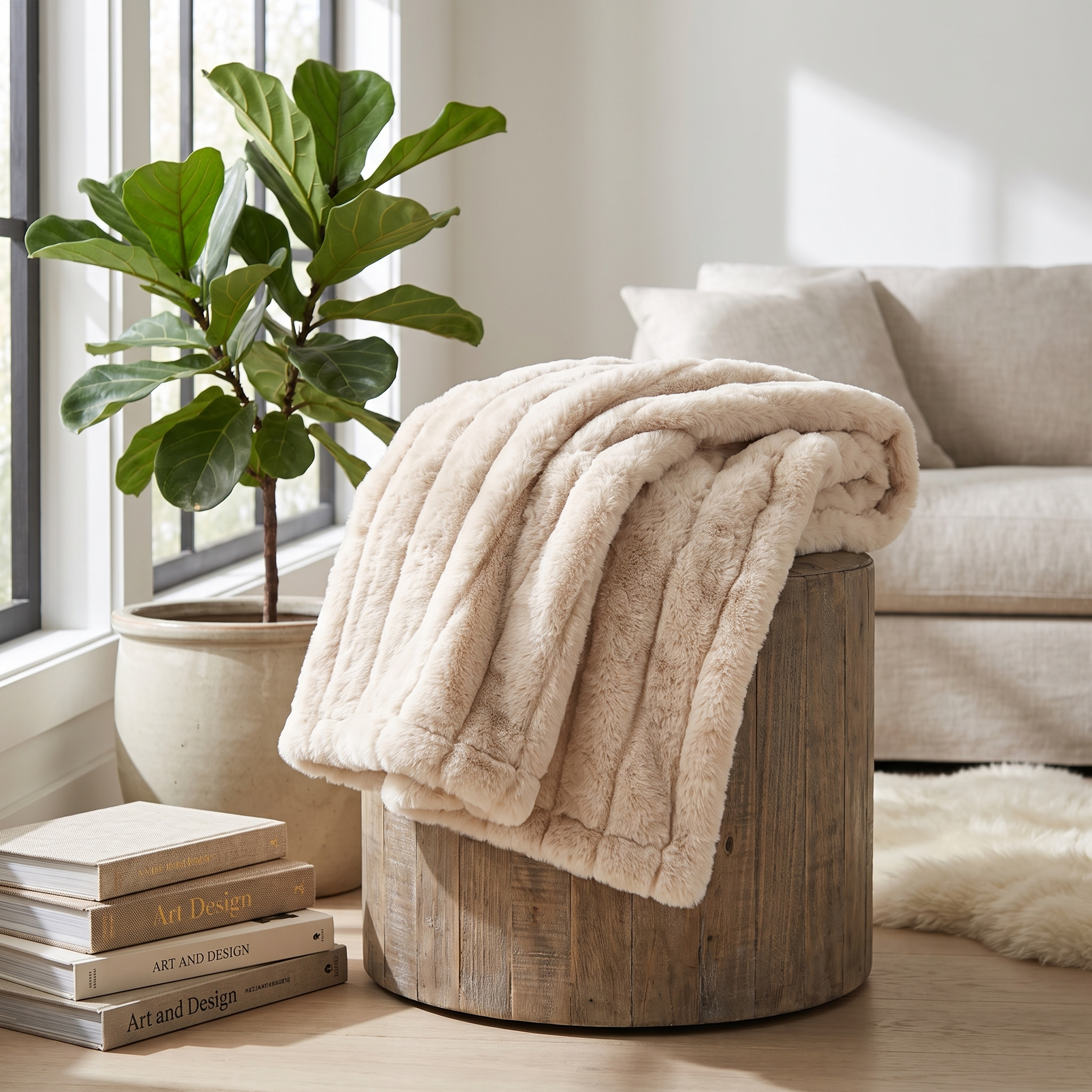 Nuvola Morbida beige faux fur throw folded in a cozy corner