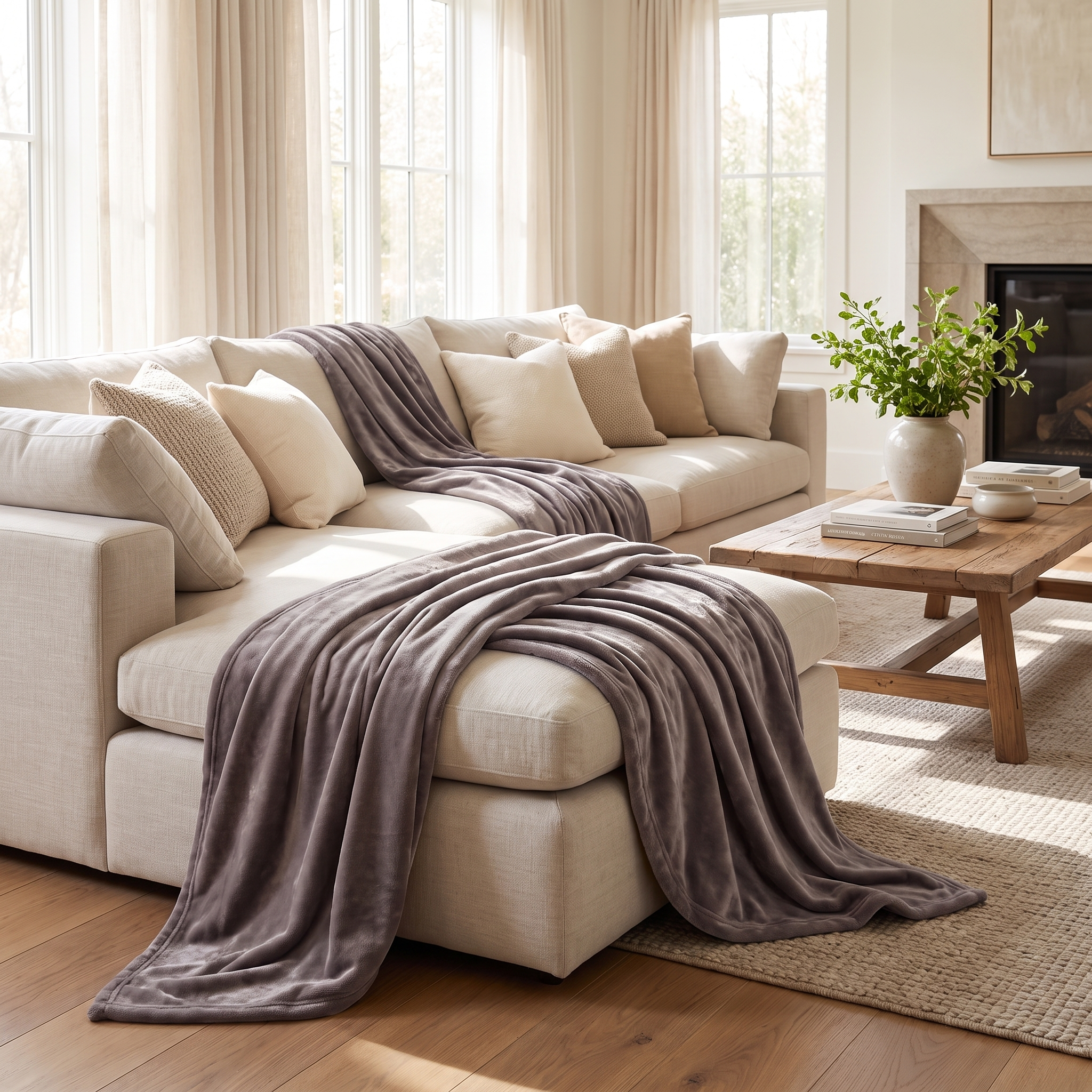 Velluto Sereno midnight taupe velvet throw over a sectional sofa
