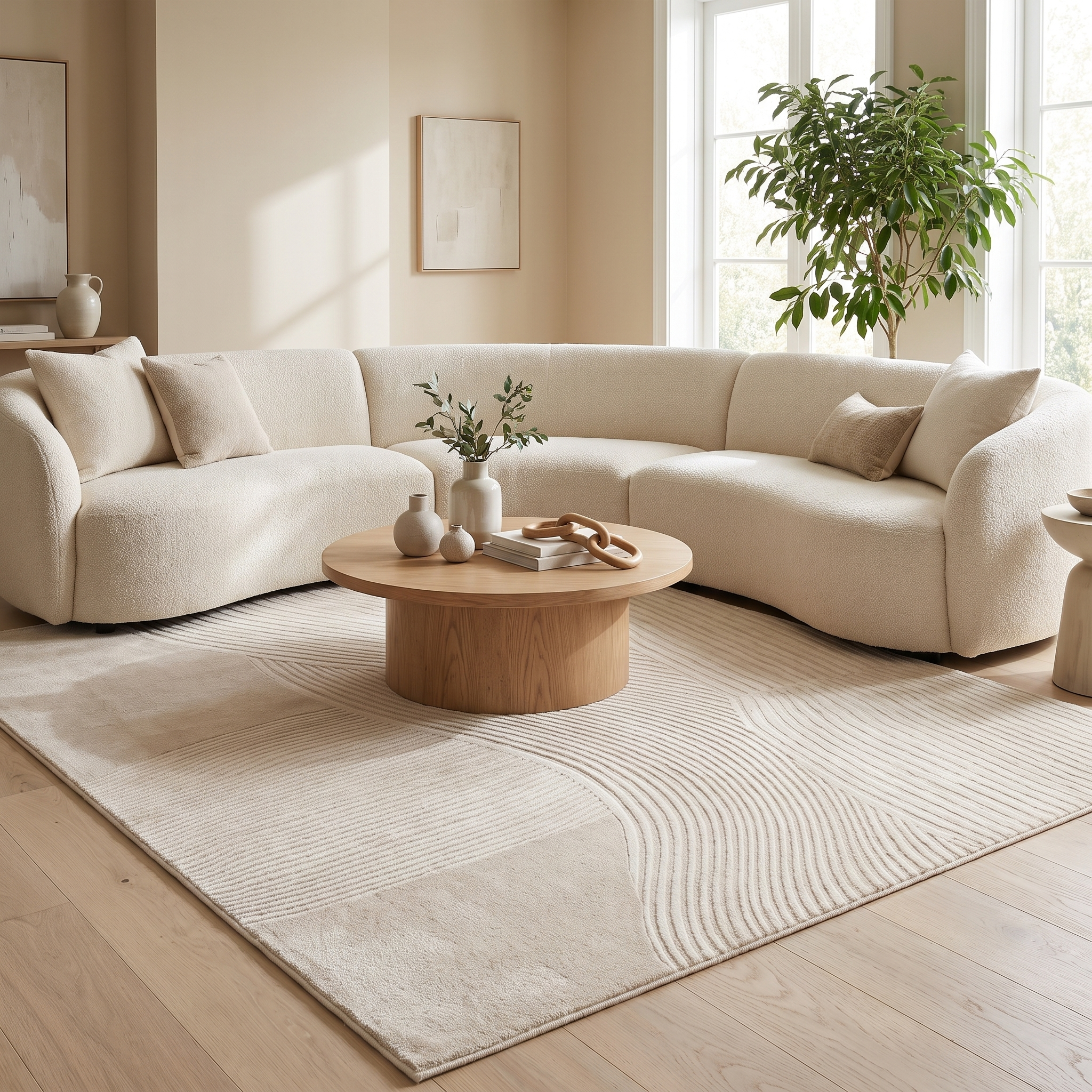 Plush cream zen-line rug under a boucle sofa in a calm living room