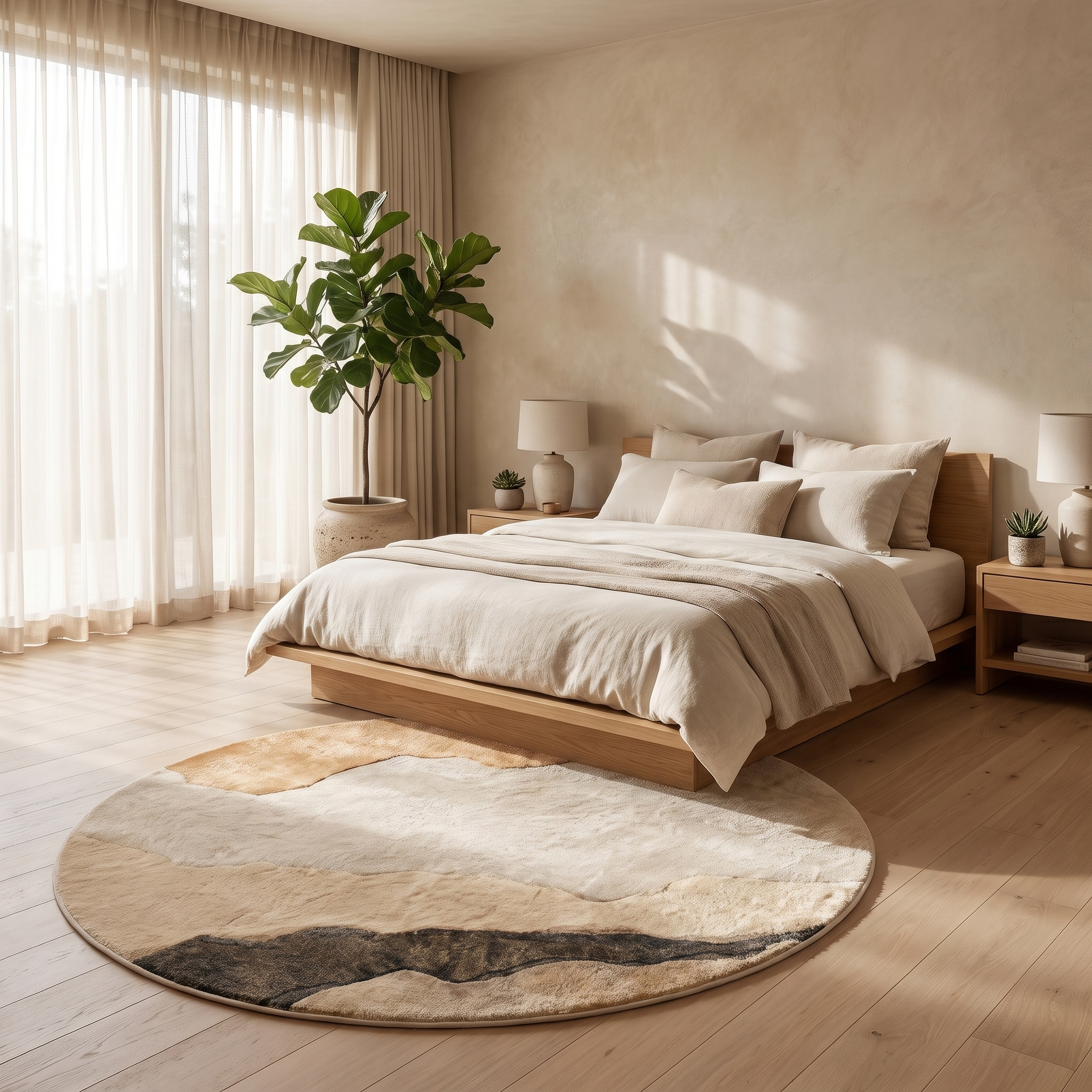 Miraggio round abstract rug beside a bed in a calm bedroom
