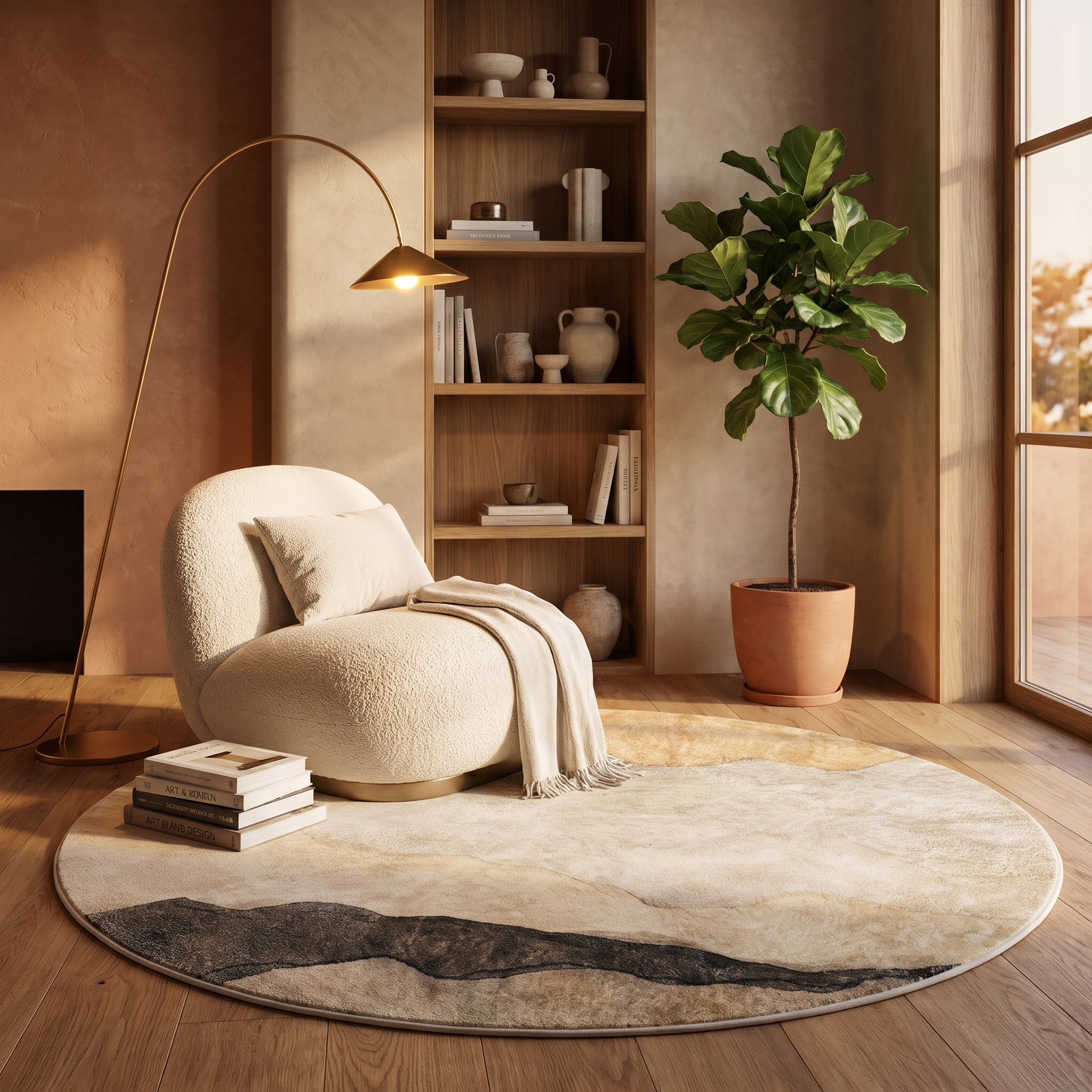 Miraggio round abstract rug in a cozy reading nook