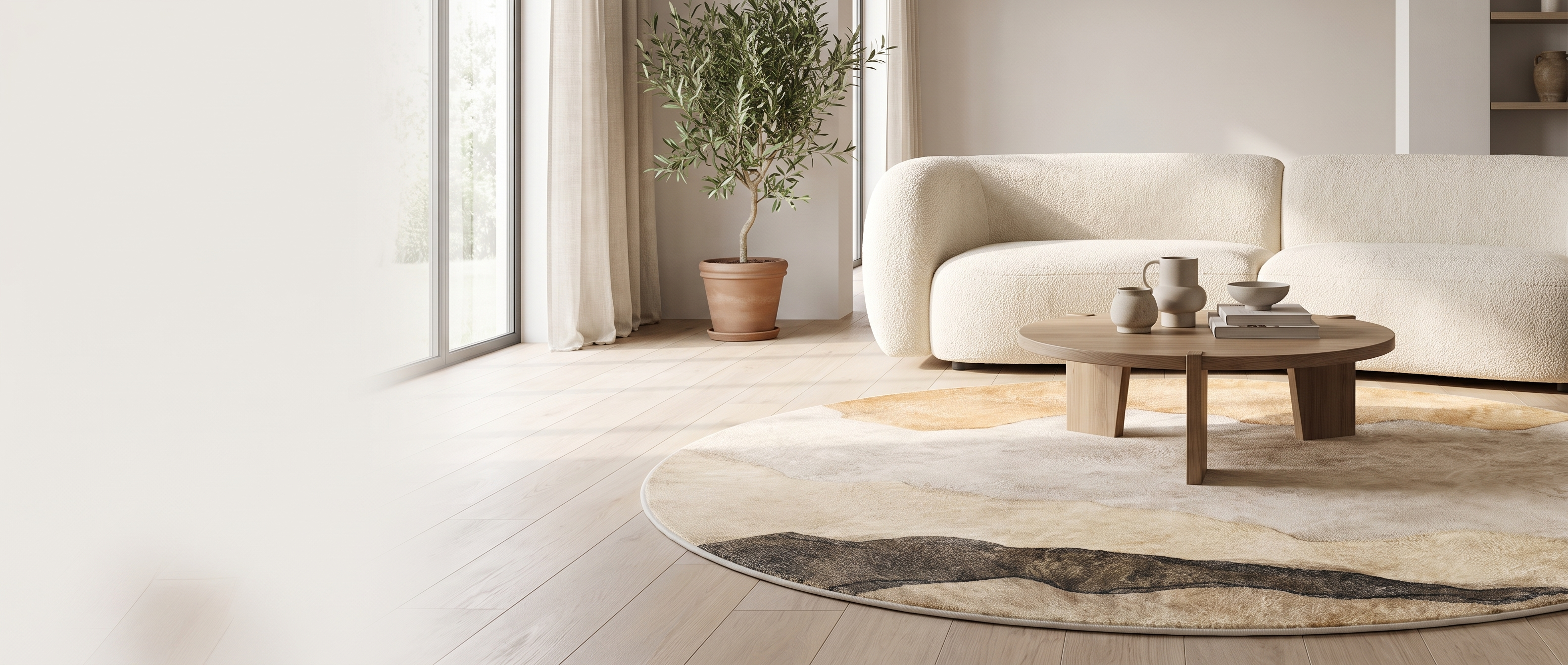Miraggio round abstract rug in a bright living room banner