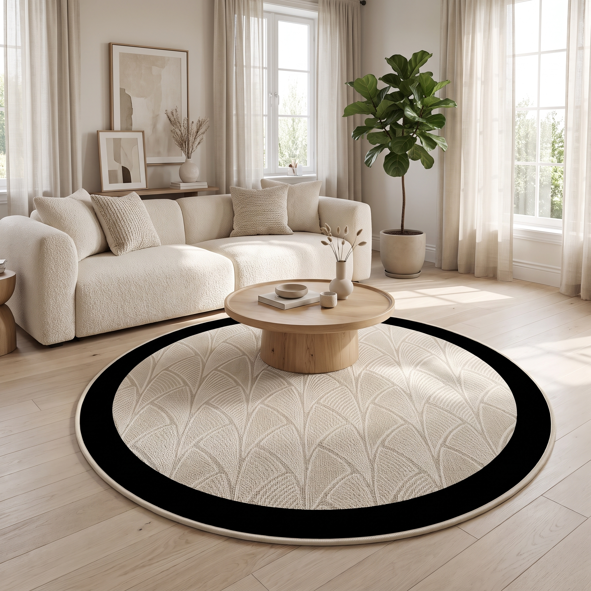 Ventaglio round fan-pattern rug in a serene modern living room