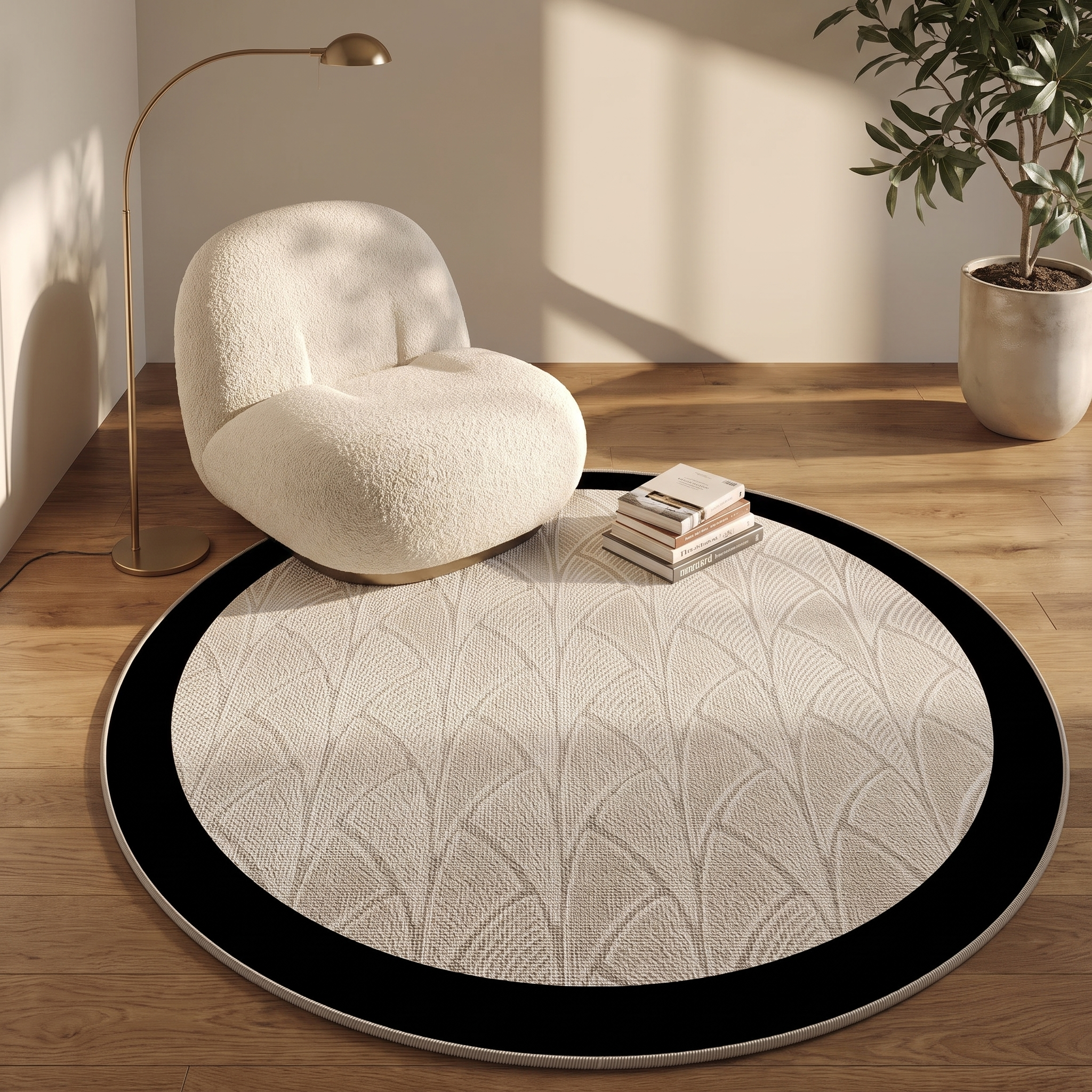 Ventaglio round fan-pattern rug in an elegant reading nook