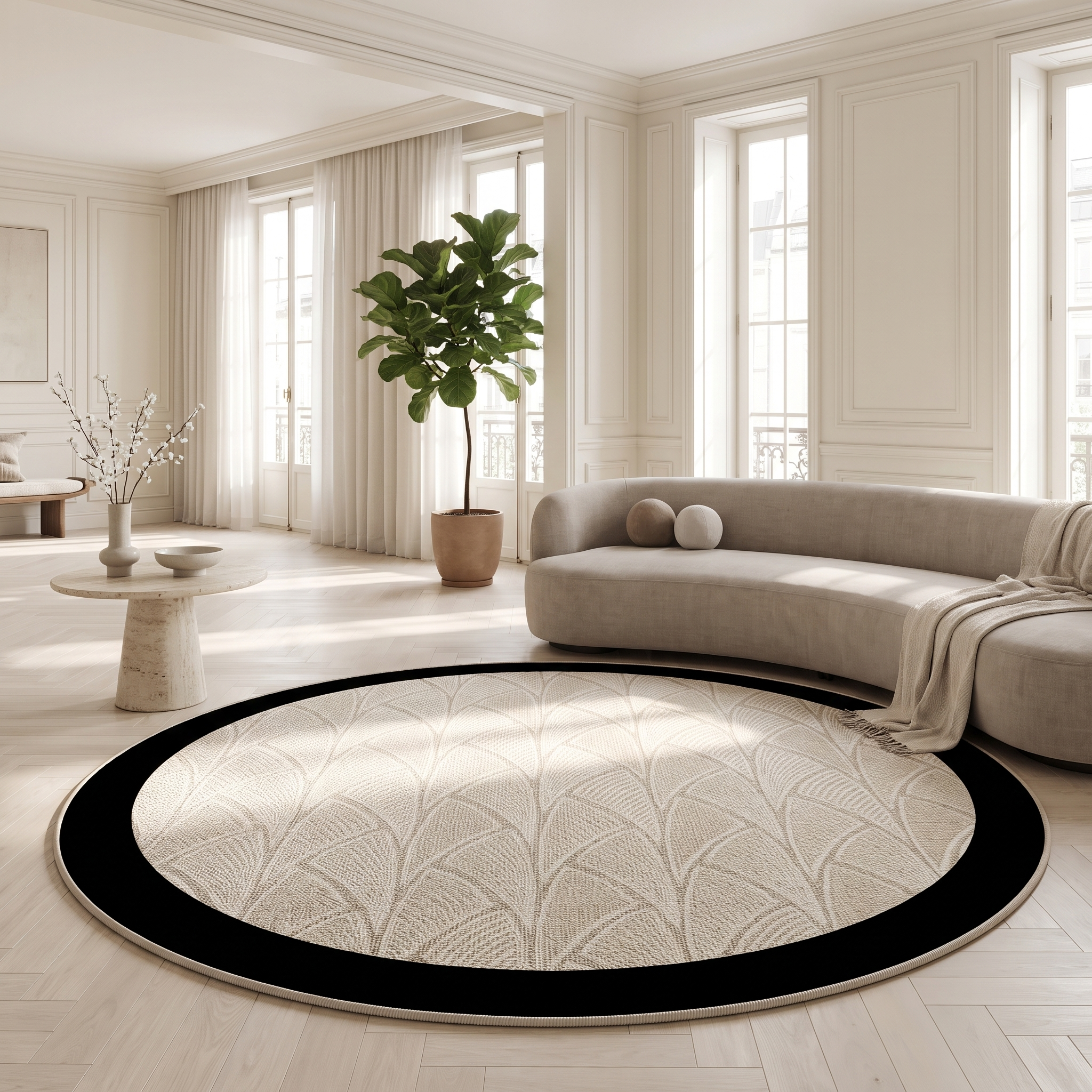 Ventaglio round fan-pattern rug in a bright open-plan living space