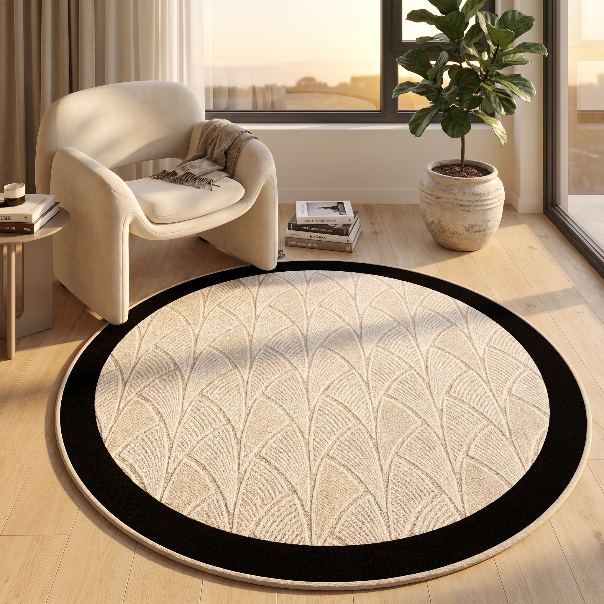 Ventaglio round fan-pattern rug in a golden-hour living corner