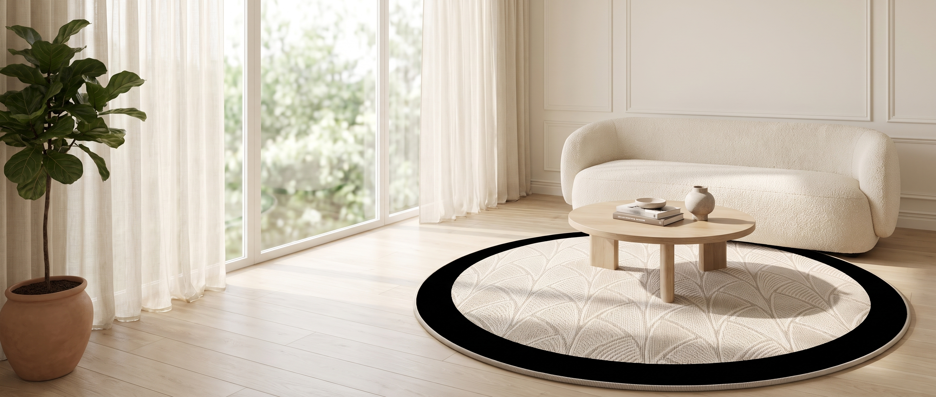 Ventaglio round area rug in a bright living room banner