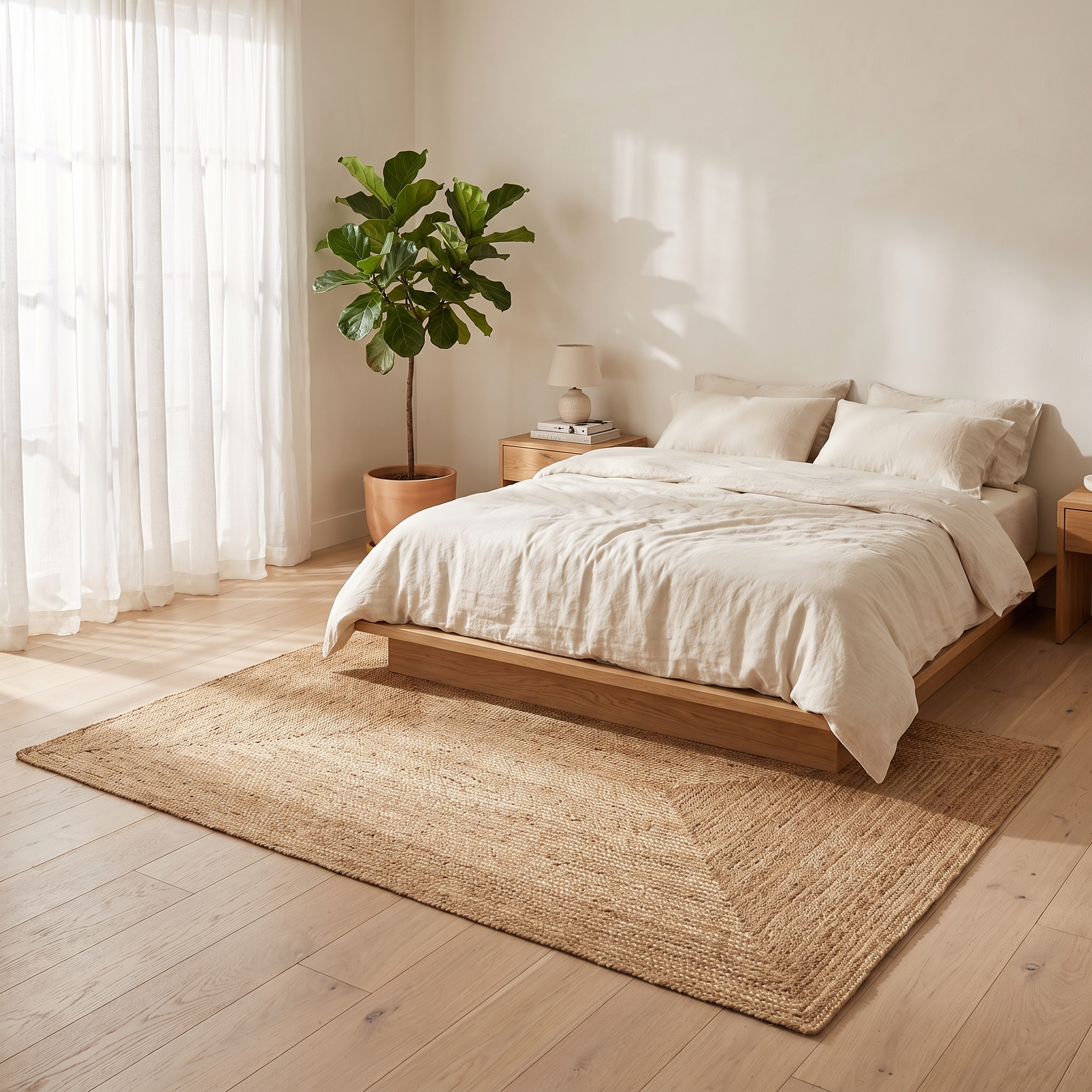 Treccia rectangular jute rug in a calm bedroom
