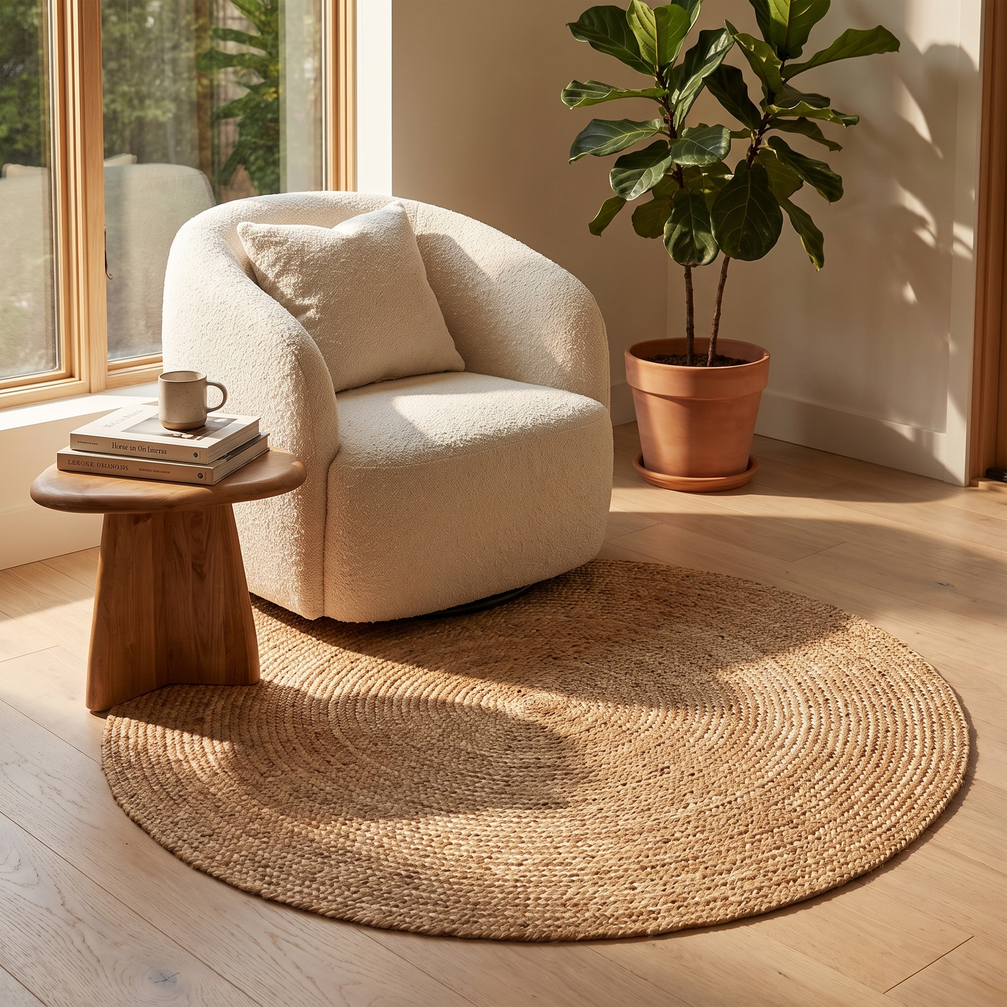 Treccia round jute rug in an elegant reading nook