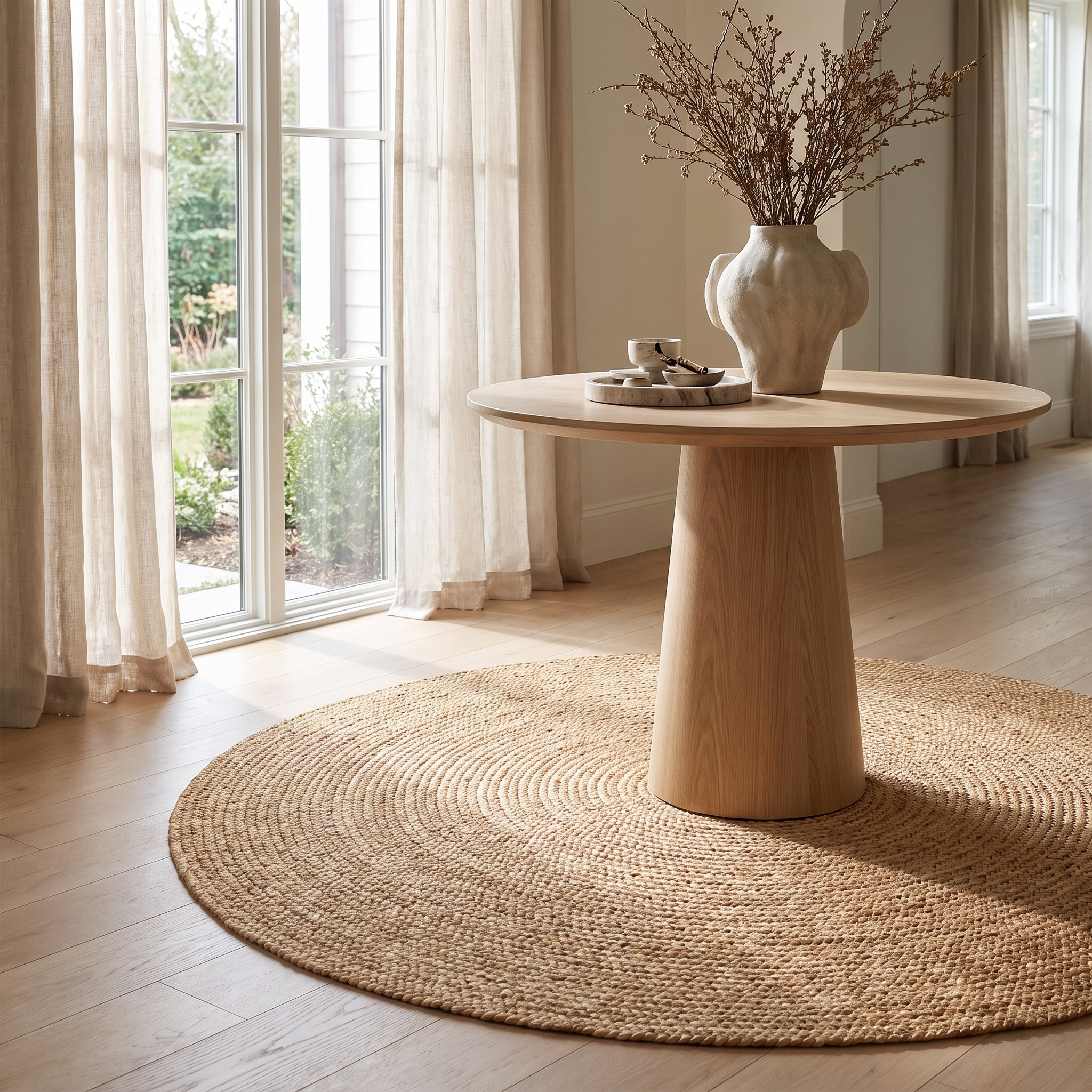 Treccia round jute rug in a bright entryway