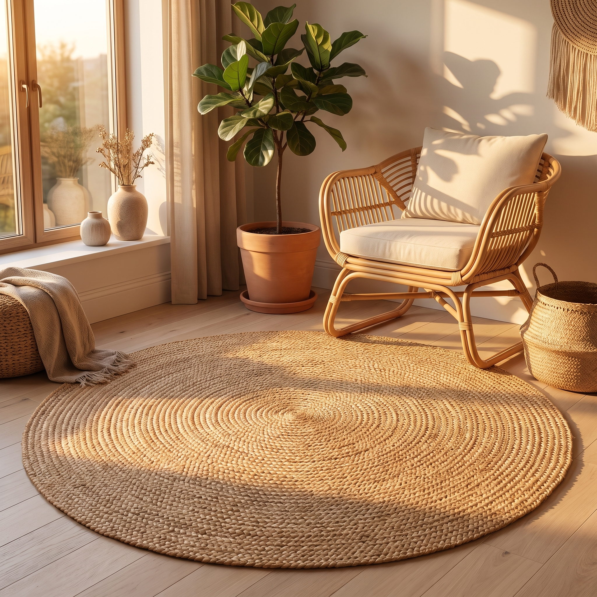 Treccia round jute rug in a golden-hour living corner