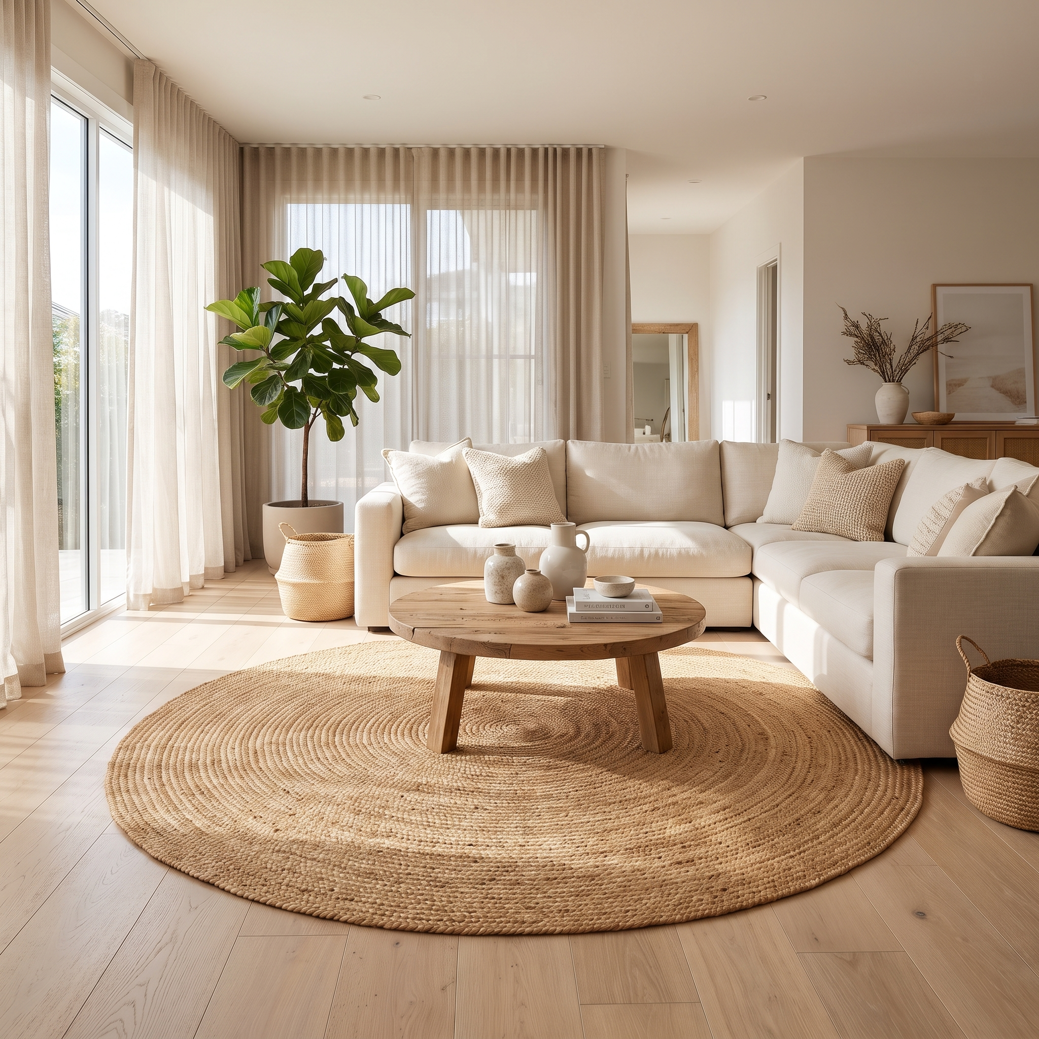 Tonda round jute rug in a serene modern living room
