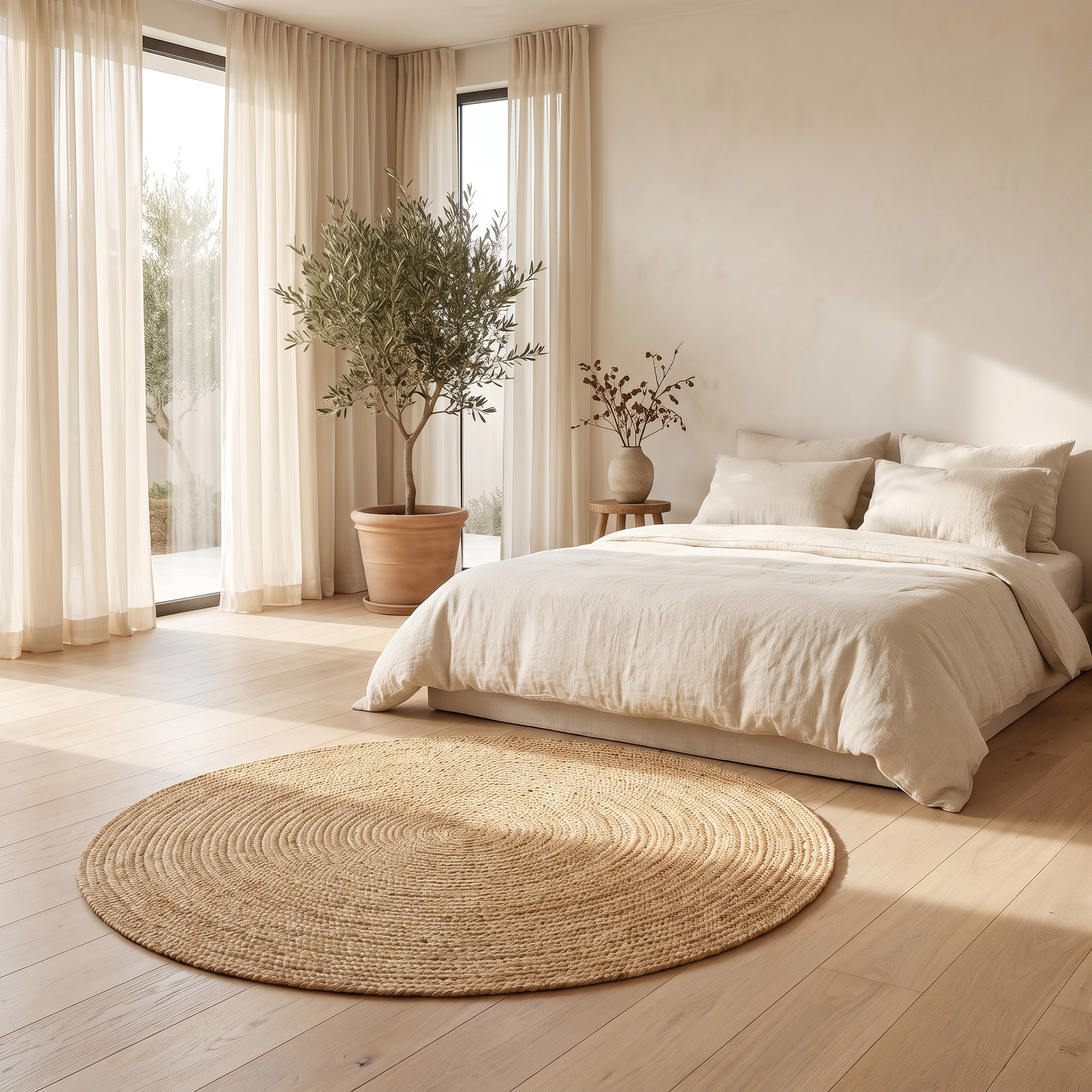 Tonda round jute rug in a calm minimalist bedroom