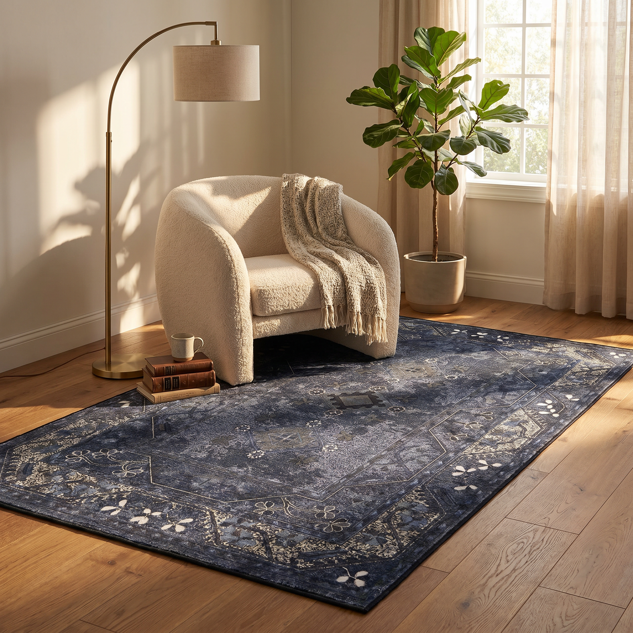 Zaffiro navy Persian rug in an elegant reading nook