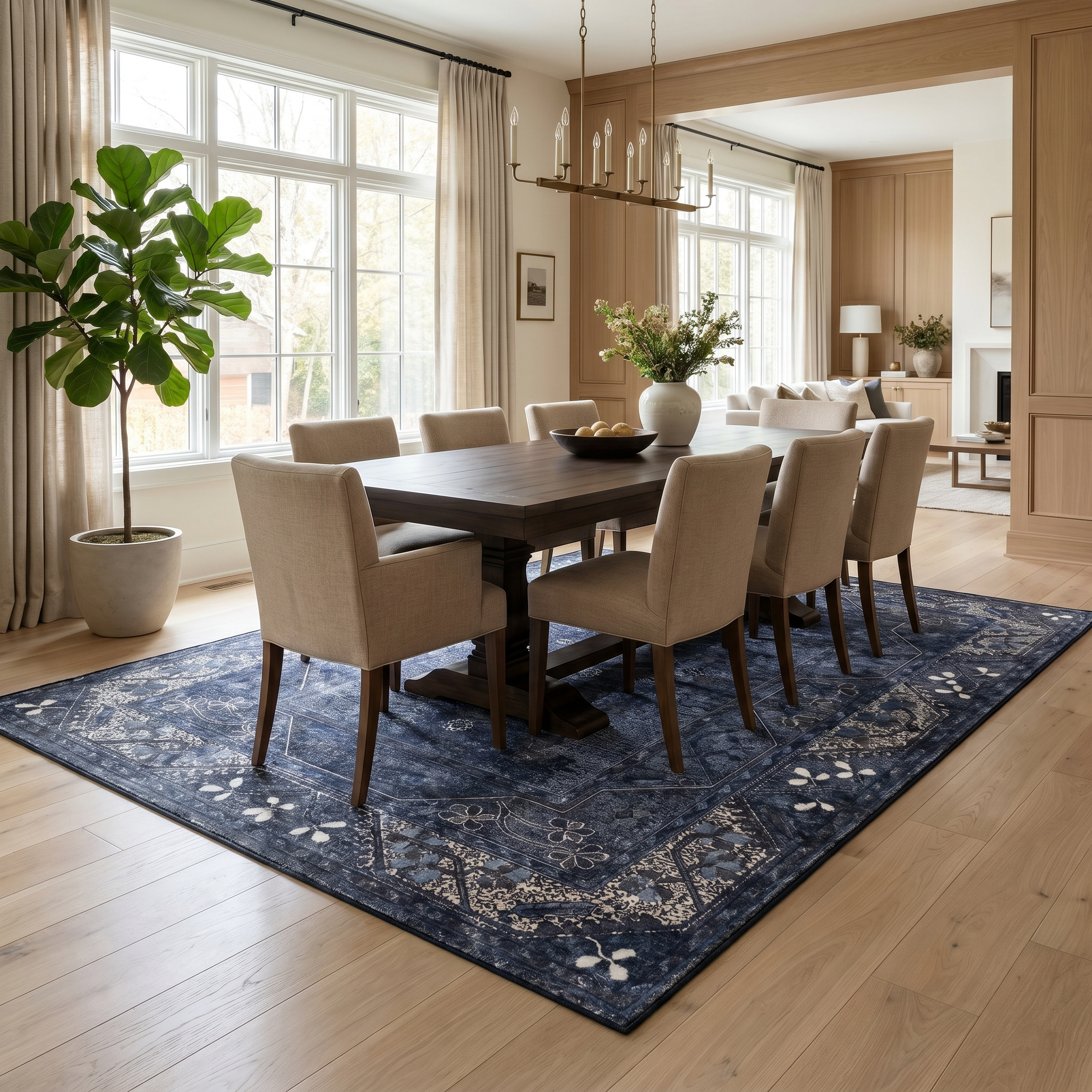Zaffiro navy Persian rug in an elegant dining room