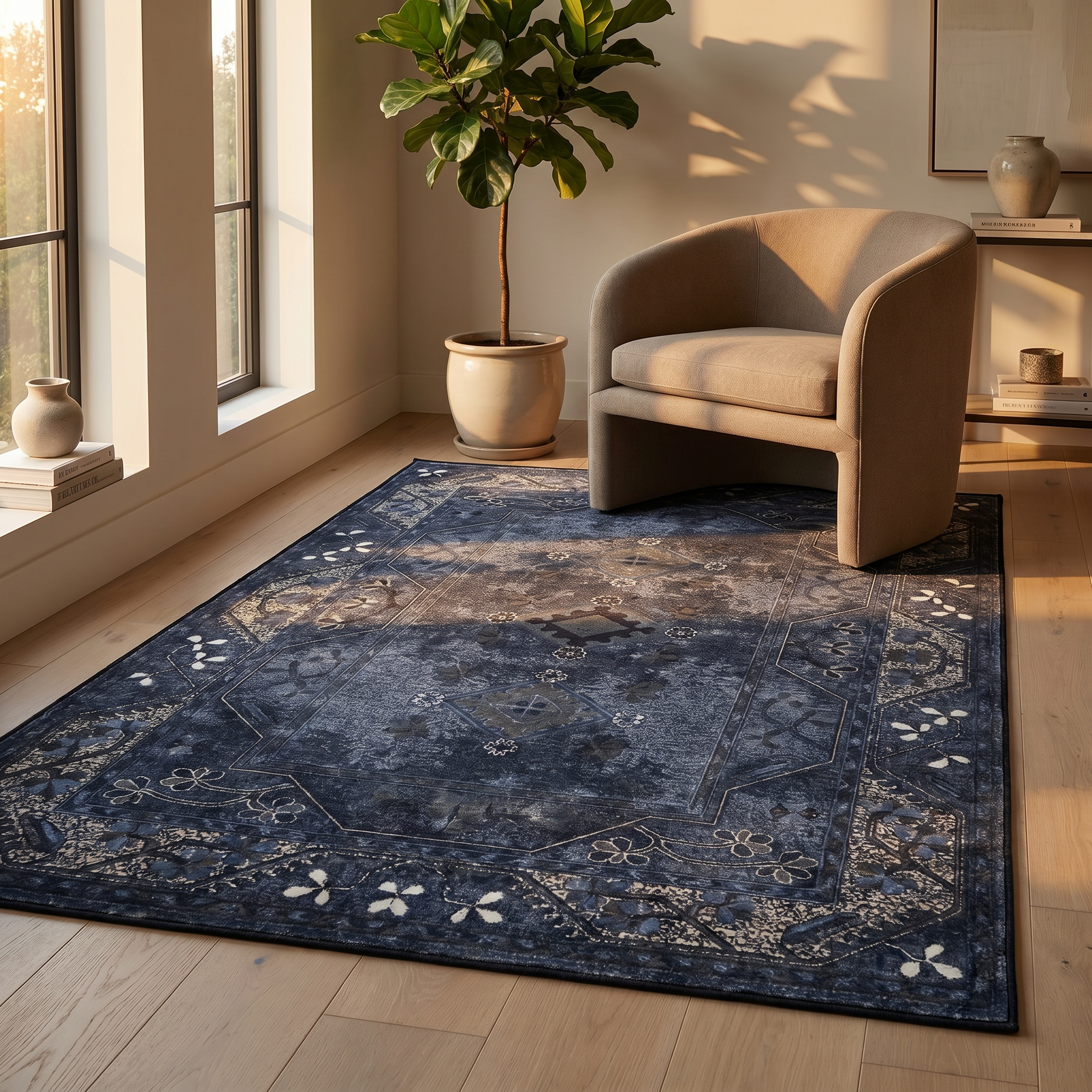 Zaffiro navy Persian rug in a golden-hour living corner