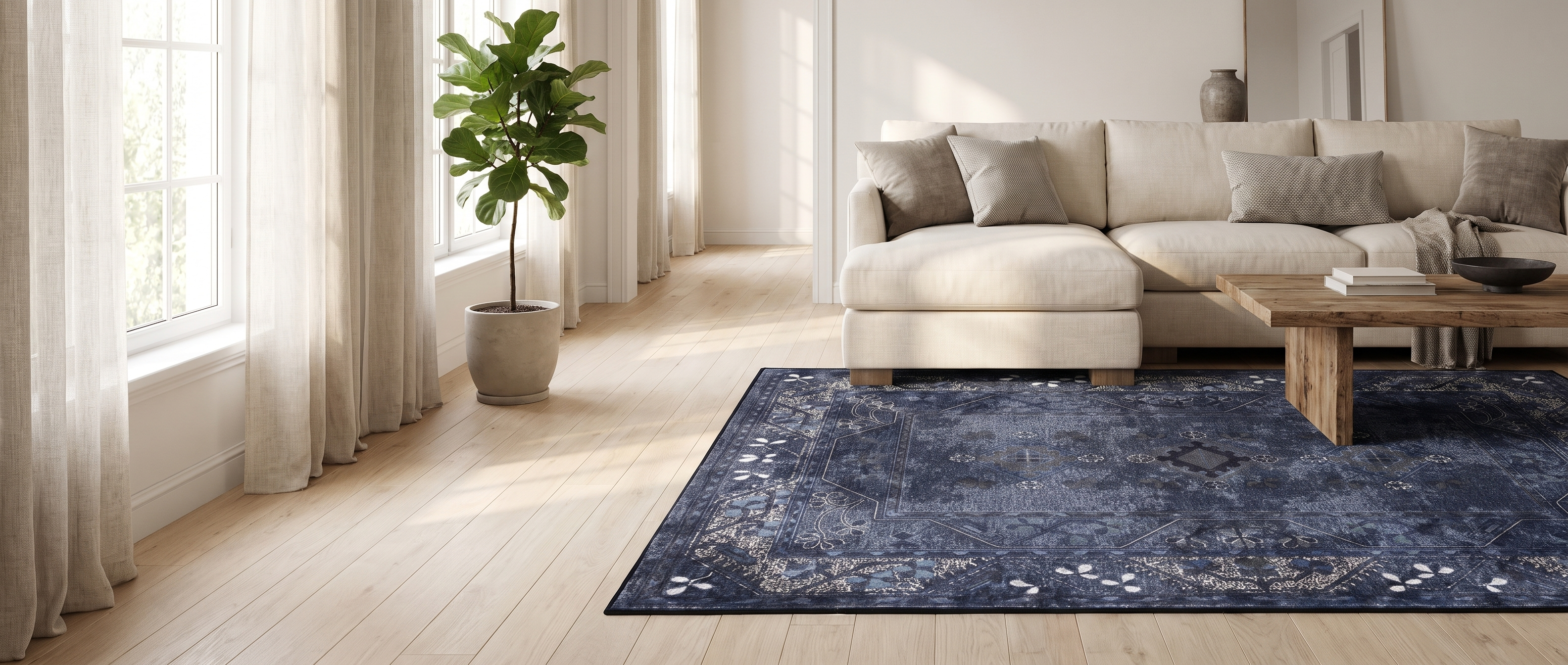 Zaffiro navy Persian rug in a bright living room banner