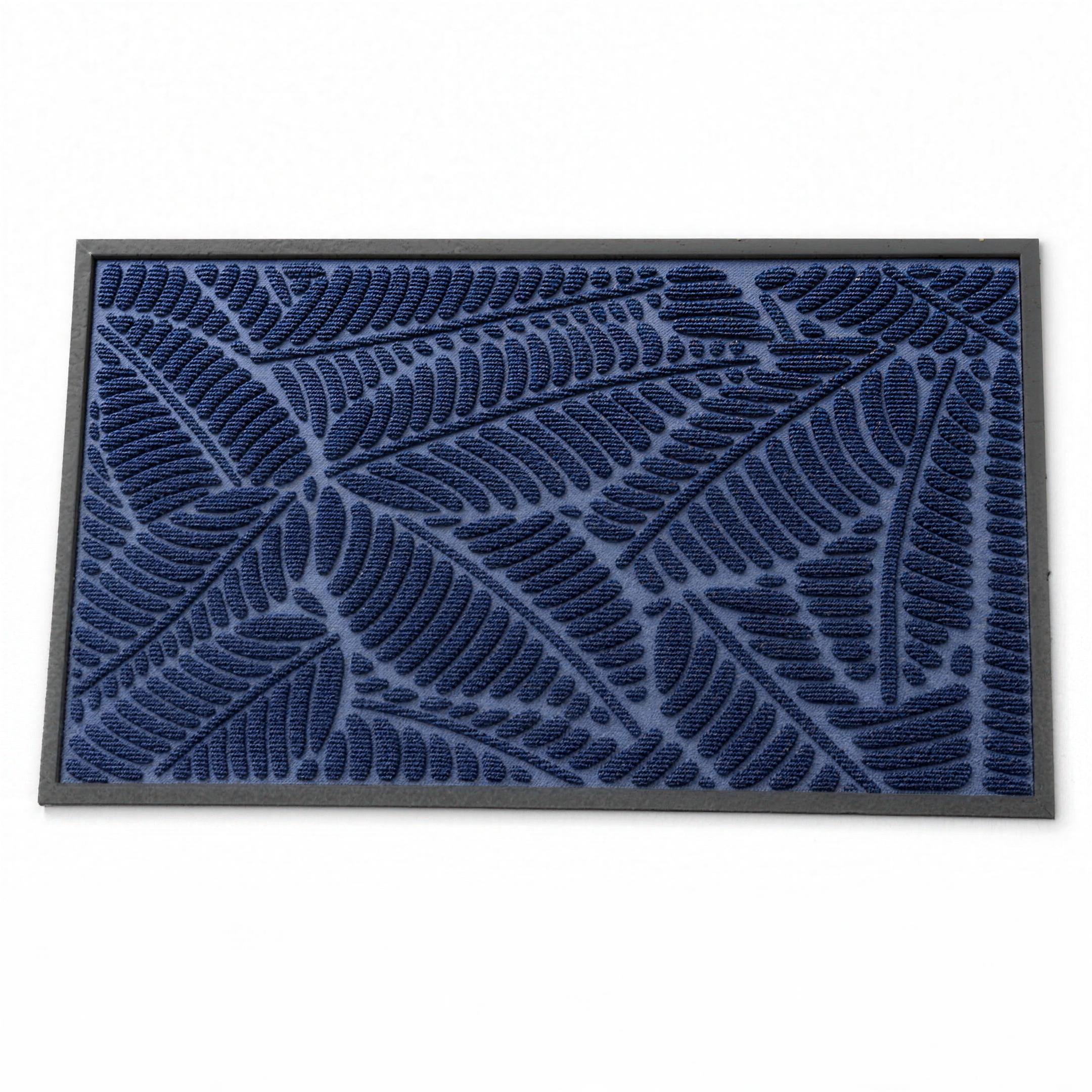 Foglia leaf doormat in navy blue on white