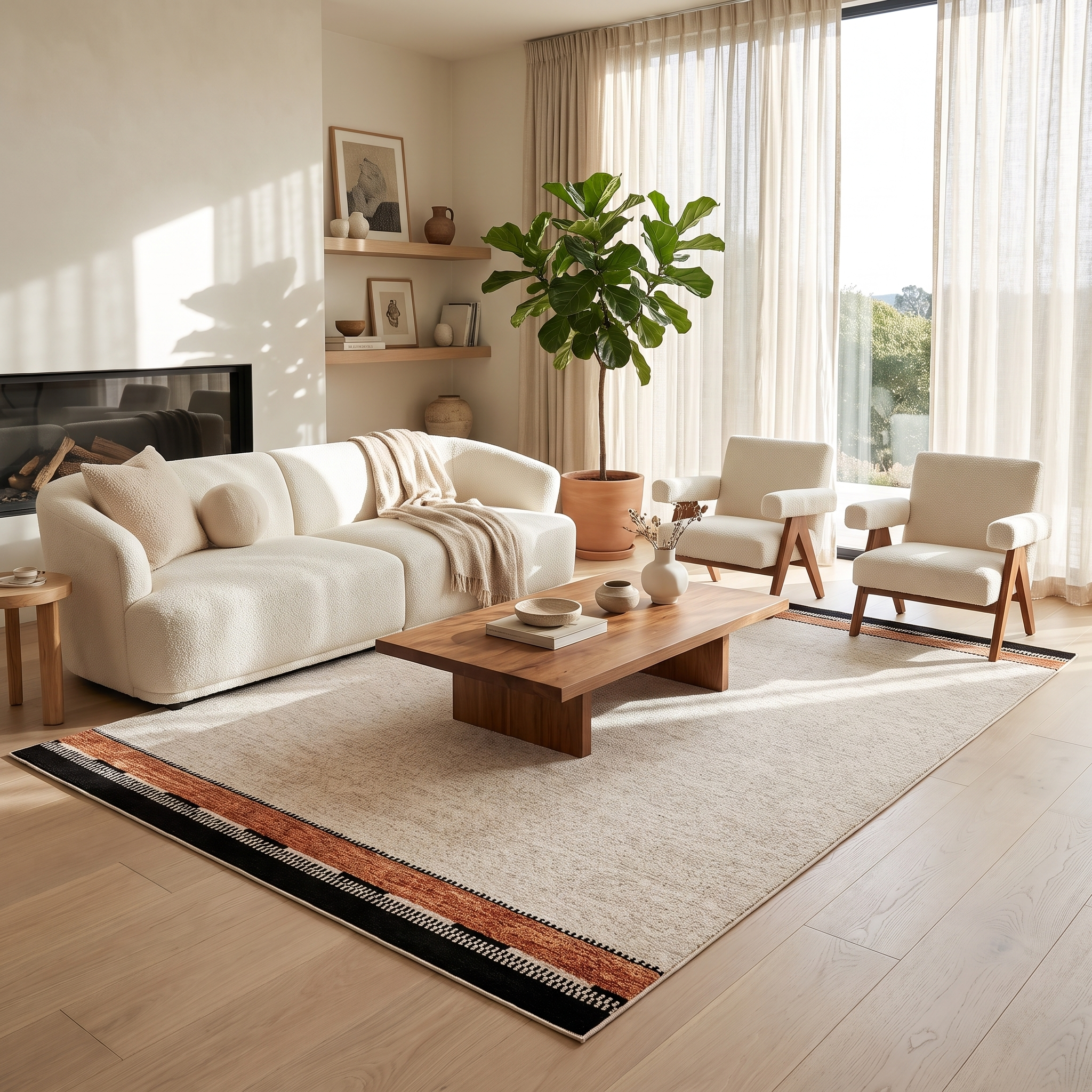 Cornice bordered rug in a serene modern living room