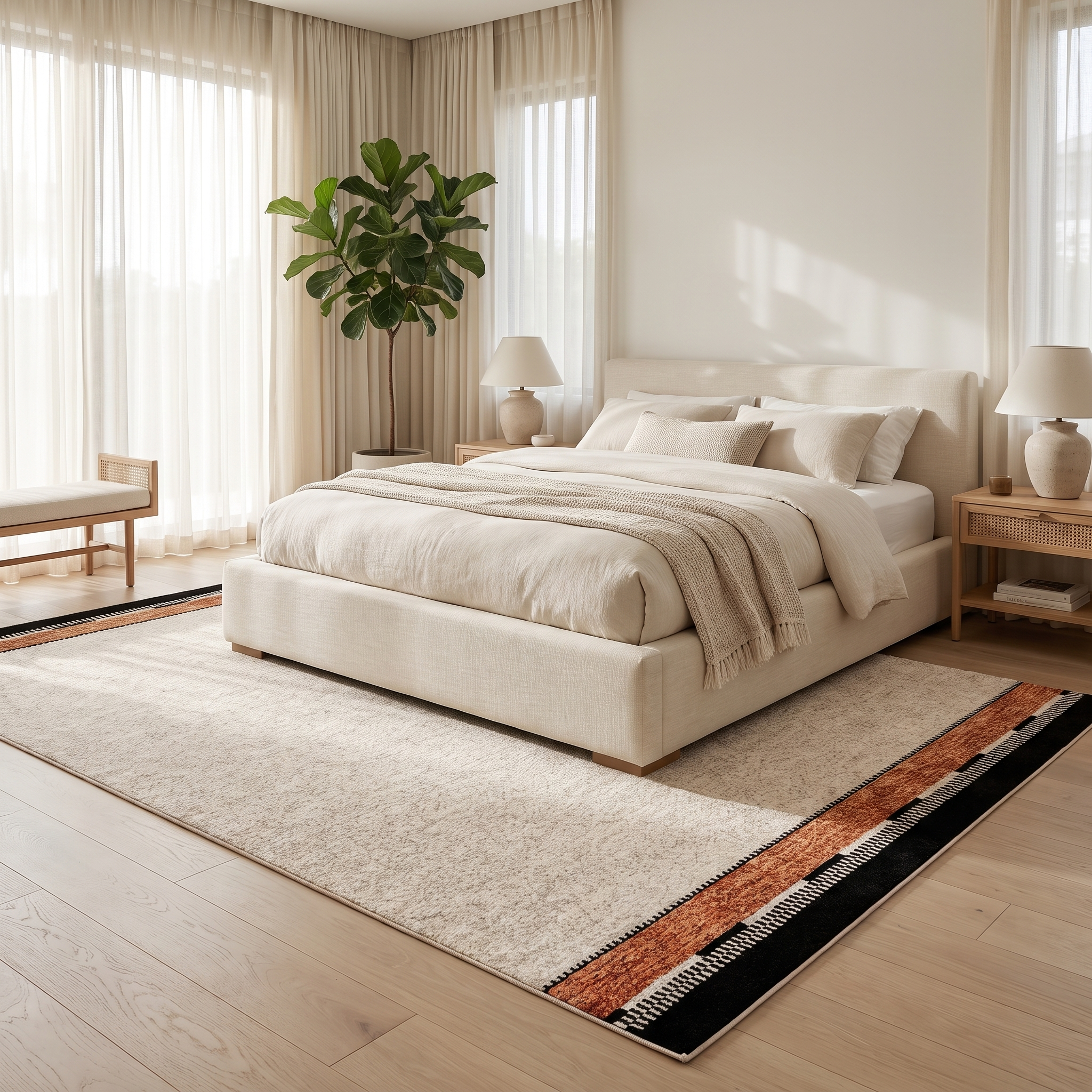 Cornice bordered rug in a calm modern bedroom