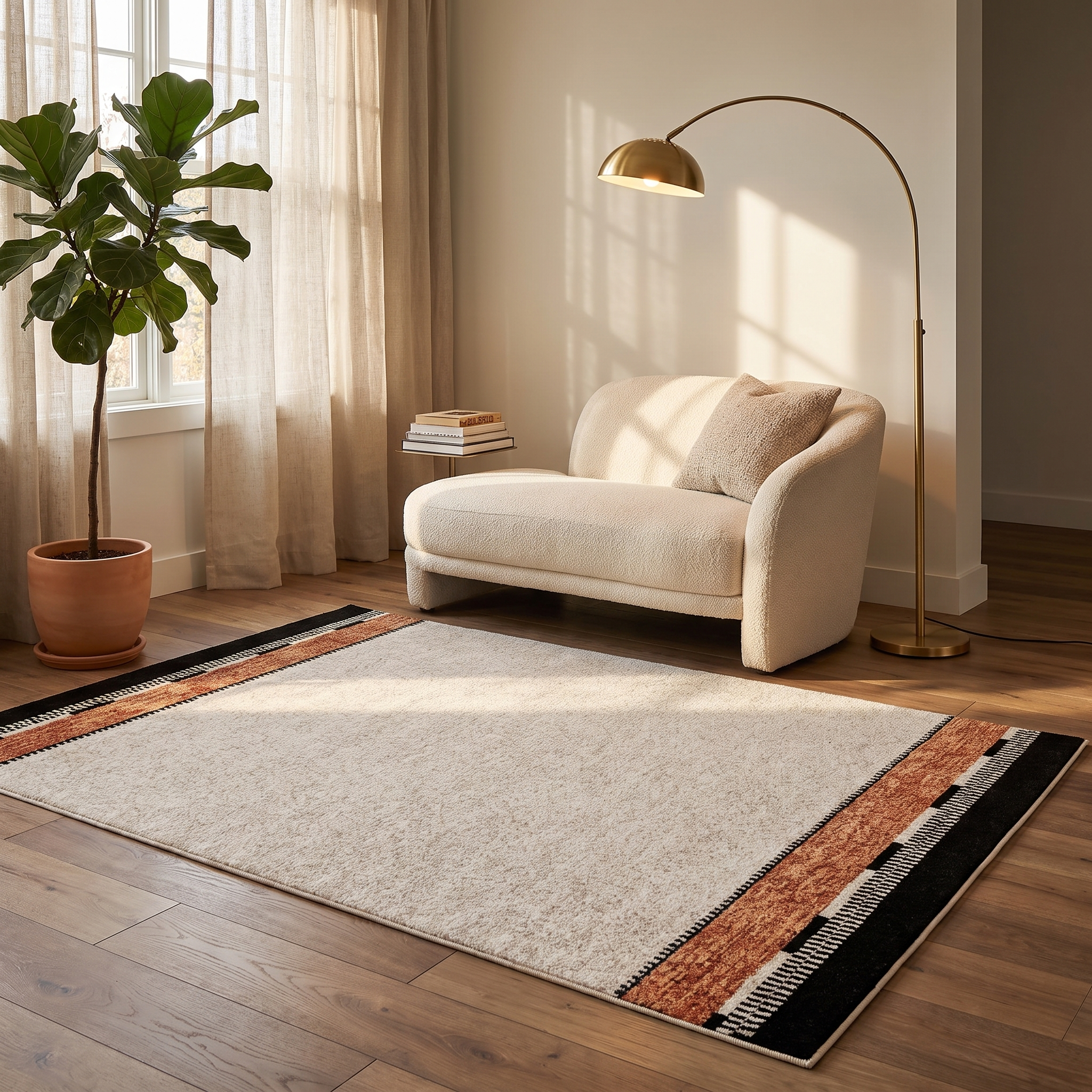 Cornice bordered rug in an elegant reading nook