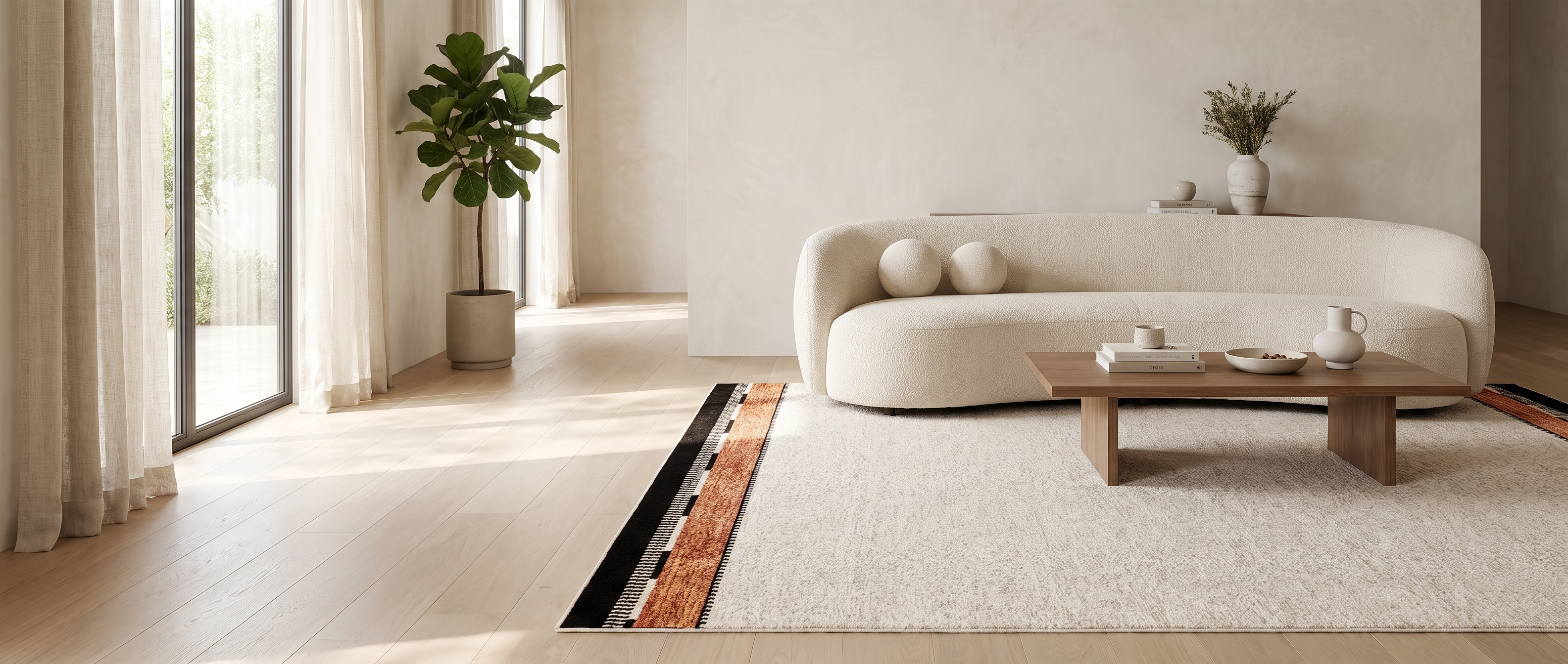 Cornice bordered area rug in a bright living room banner