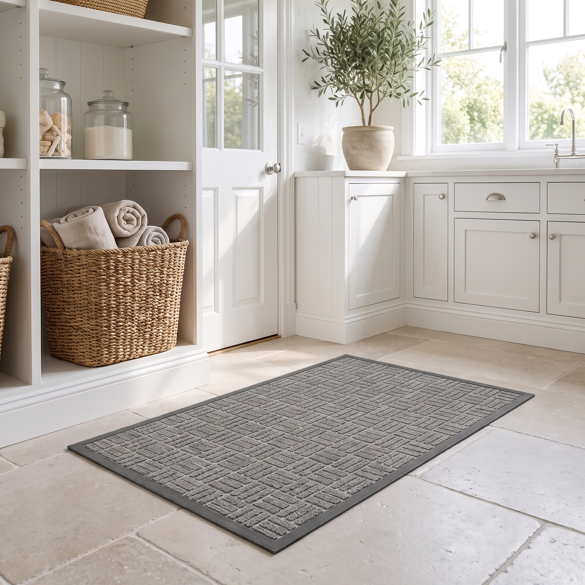 Portico gray doormat in a laundry-room entry