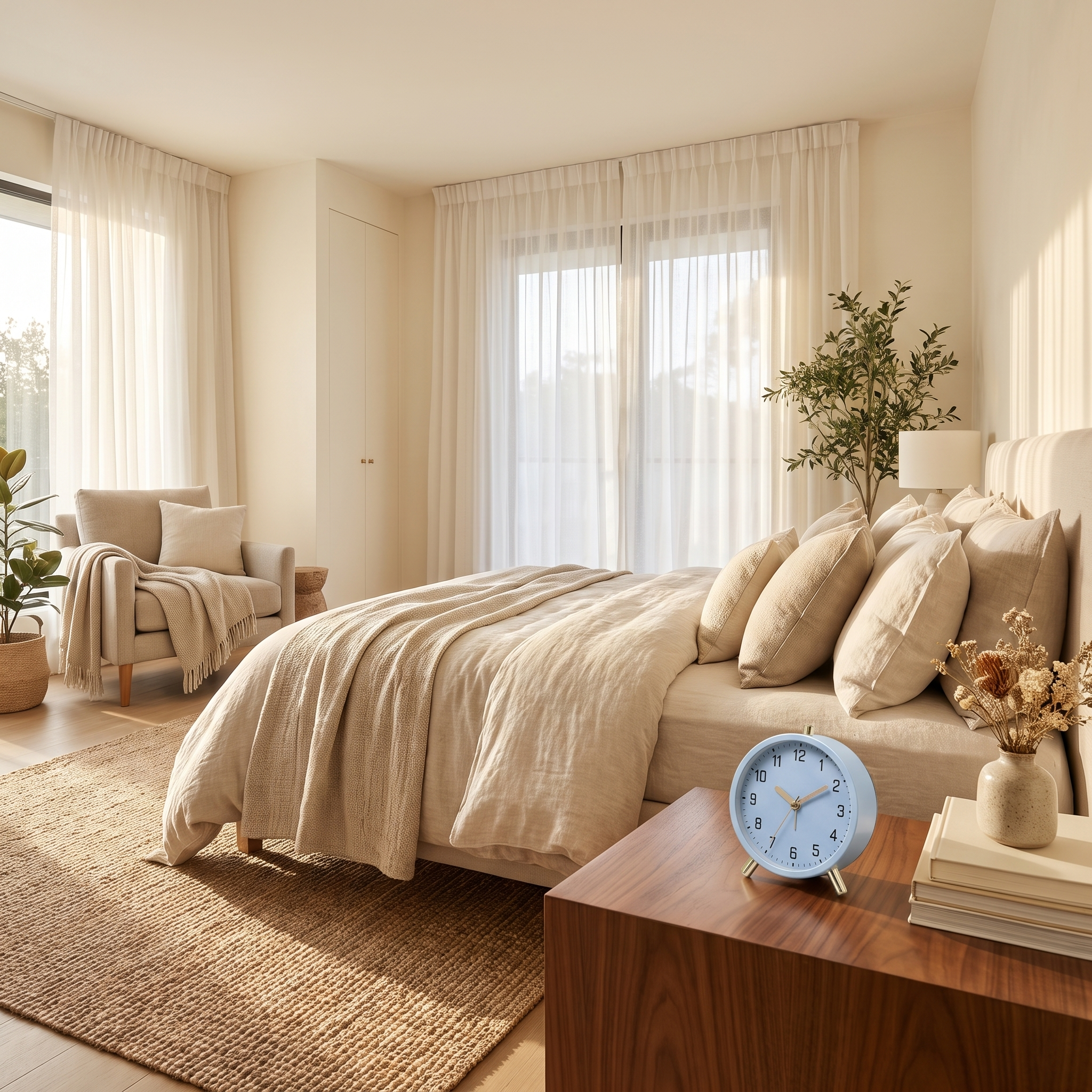 Sky blue Serena clock on a walnut bedside table in morning light