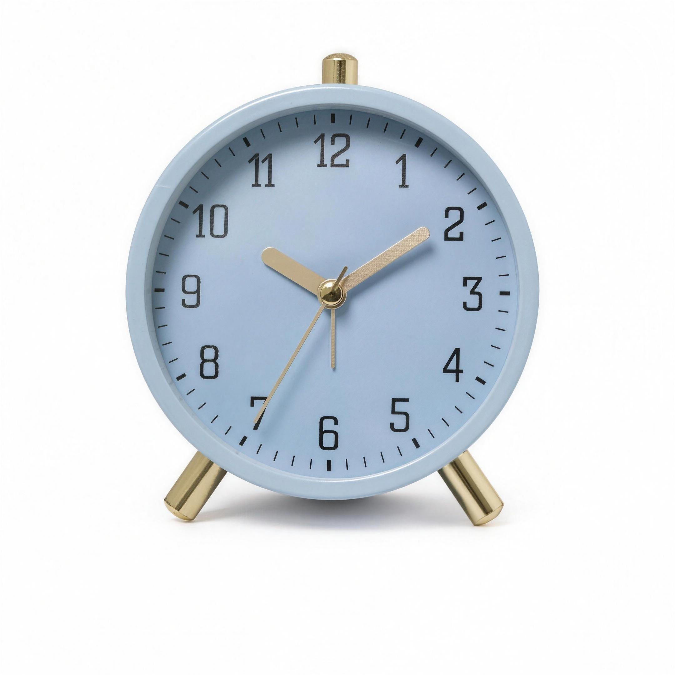 Serena Silent Table Clock in sky blue, studio white background